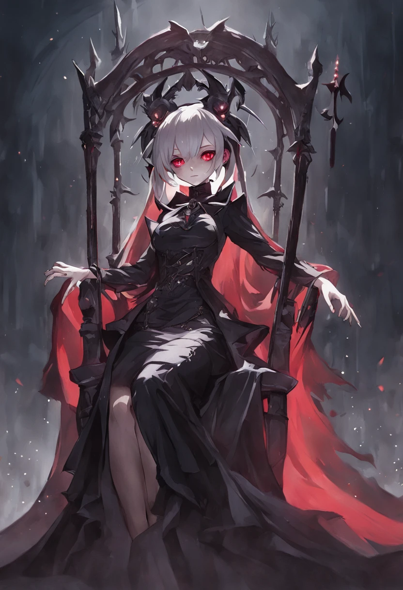 masutepiece, ccurate, Anatomically correct, Textured skin, Super Detail, high details, High quality, awardwinning, Best Quality, hight resolution, 8K，Female vampire royal queen sitting on a chair、Black aristocratic gothic dress、Royal Black Dress，Queen's Crown，((In her right hand is the Grim Reaper's scythe))，Red moon peeking through the clouds、(The vampire glares at the enemy from the chair)，((Do not take off your clothes、Do not expose your breasts))，wide Shots、Angry look，((small tits:1.8))，Demagogic smile、sharp and long double teeth、Color makeup，Lowered eyebrows、Whitening effect，((A look tinged with joy))，((Ephemeral woman))，slim figure,extremely detailed eye and face、beatiful detailed eyes,Beautiful skins,The brilliance of details、The brilliance of details，smooth hair，detailed hairs，Very fine hairs ,Thin leg,skinny thigh,extremely beautiful legs,Thin leg，Moonlight，(Cold color lighting)，Night，(Glowing red eyes:1.6)、Bat Wings,light, milky skin，Gothic horror，