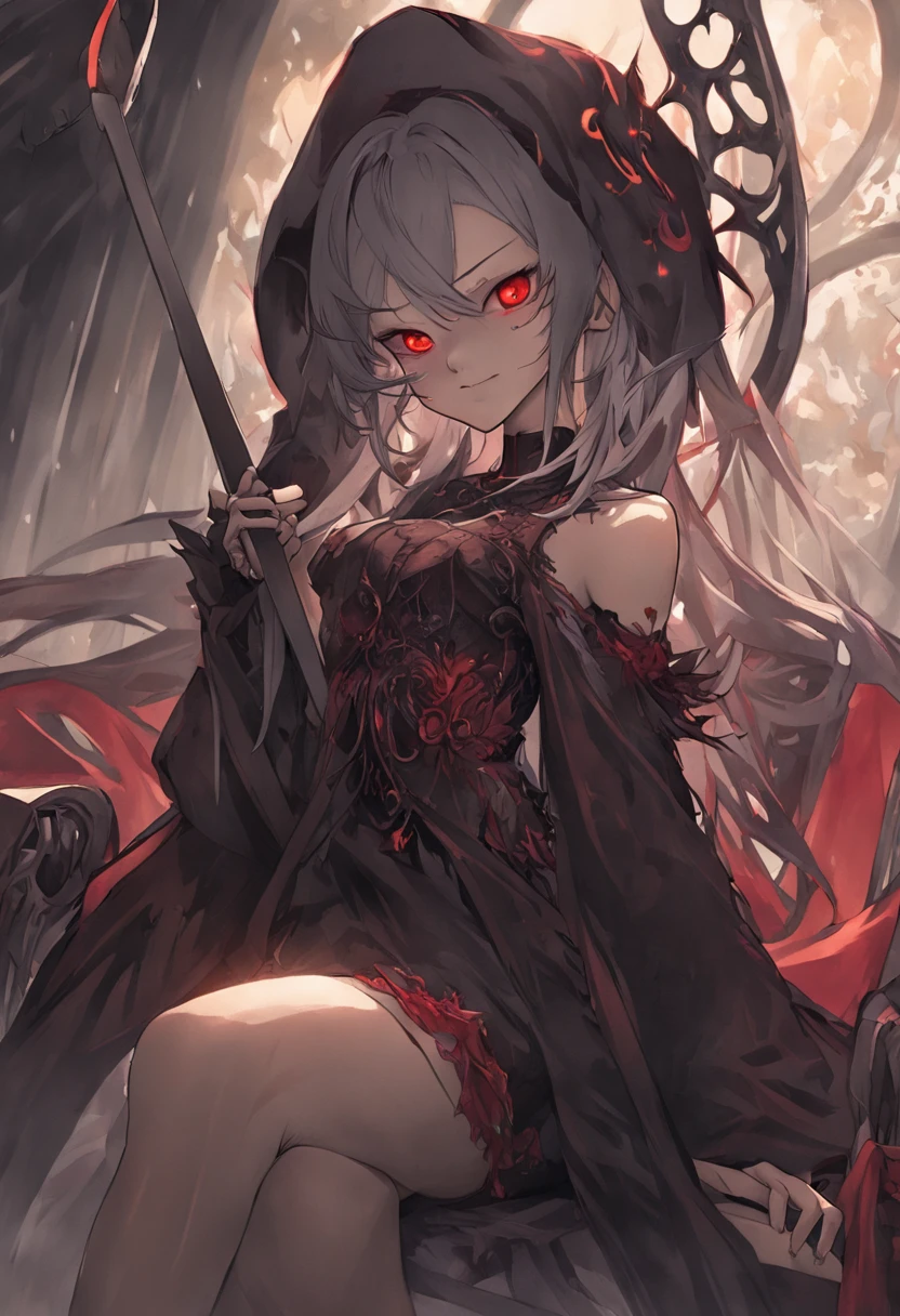 masutepiece, ccurate, Anatomically correct, Textured skin, Super Detail, high details, High quality, awardwinning, Best Quality, hight resolution, 8K，Female vampire royal queen sitting on a chair、Black aristocratic gothic dress、Royal Black Dress，Queen's Crown，((In her right hand is the Grim Reaper's scythe))，Red moon peeking through the clouds、(The vampire glares at the enemy from the chair)，((Do not take off your clothes、Do not expose your breasts))，wide Shots、Angry look，((small tits:1.8))，Demagogic smile、sharp and long double teeth、Color makeup，Lowered eyebrows、Whitening effect，((A look tinged with joy))，((Ephemeral woman))，slim figure,extremely detailed eye and face、beatiful detailed eyes,Beautiful skins,The brilliance of details、The brilliance of details，smooth hair，detailed hairs，Very fine hairs ,Thin leg,skinny thigh,extremely beautiful legs,Thin leg，Moonlight，(Cold color lighting)，Night，(Glowing red eyes:1.6)、Bat Wings,light, milky skin，Gothic horror，