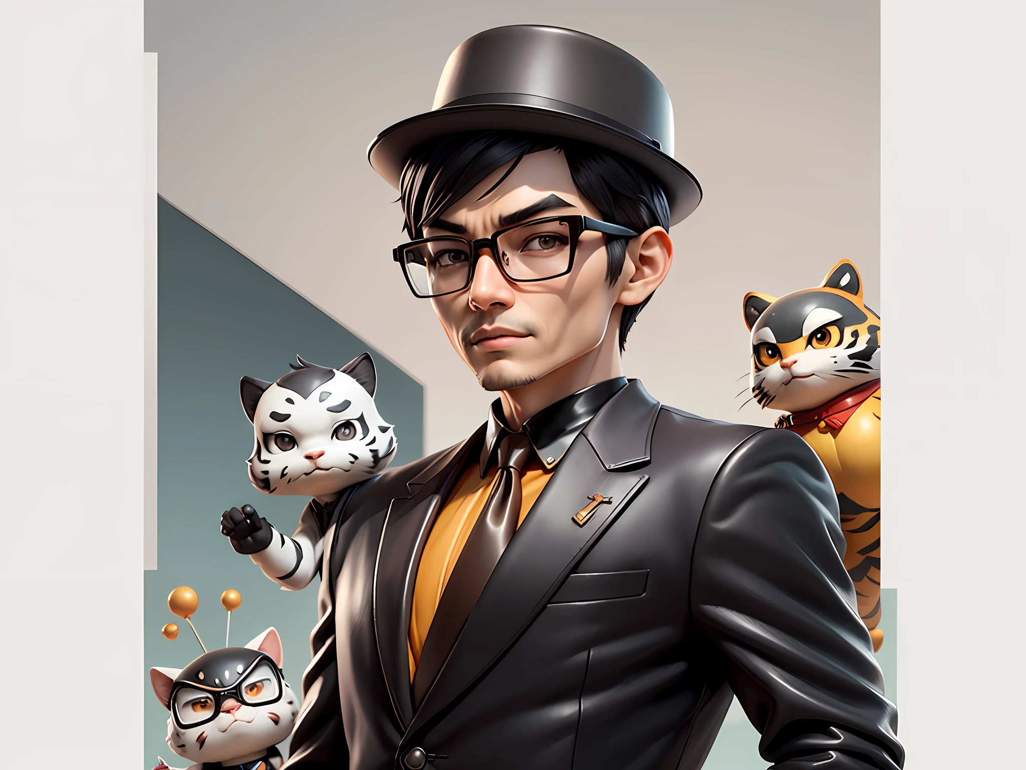 Young man with oriental face in leather hat, tiger, oriental face in formal suit, short black hair, silver glasses, digital painting, 3D character design by Mark Clairedon and Pixar and Hayao Miyazaki and Akira Toriyama, the illustration is a high-definition illustration in 4K resolution with very detailed facial features and cartoon-style visuals.