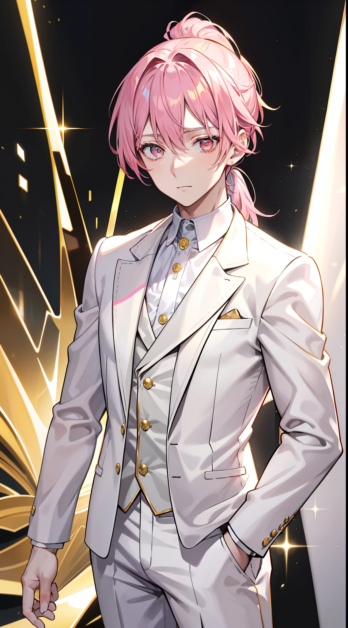 adult man, pink hair, high ponytail, golden eyes, white suit with gold elements, Masterpiece, hiquality