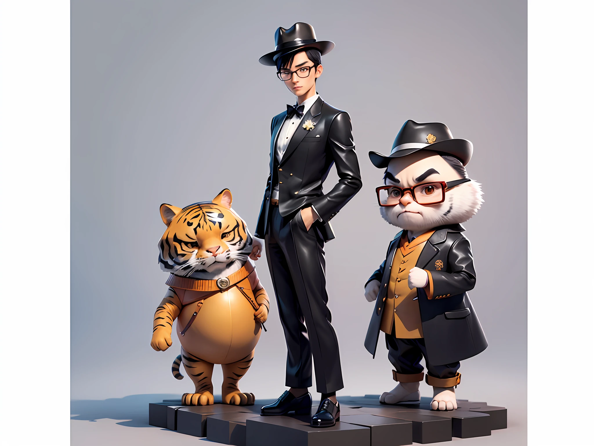 Young man with oriental face in leather hat, tiger, oriental face in formal suit, short black hair, silver glasses, digital painting, 3D character design by Mark Clairedon and Pixar and Hayao Miyazaki and Akira Toriyama, the illustration is a high-definition illustration in 4K resolution with very detailed facial features and cartoon-style visuals.