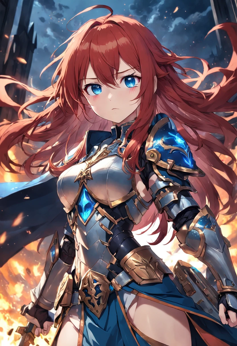 1female, rosary, light armor, war banner, red hair, blue eyes