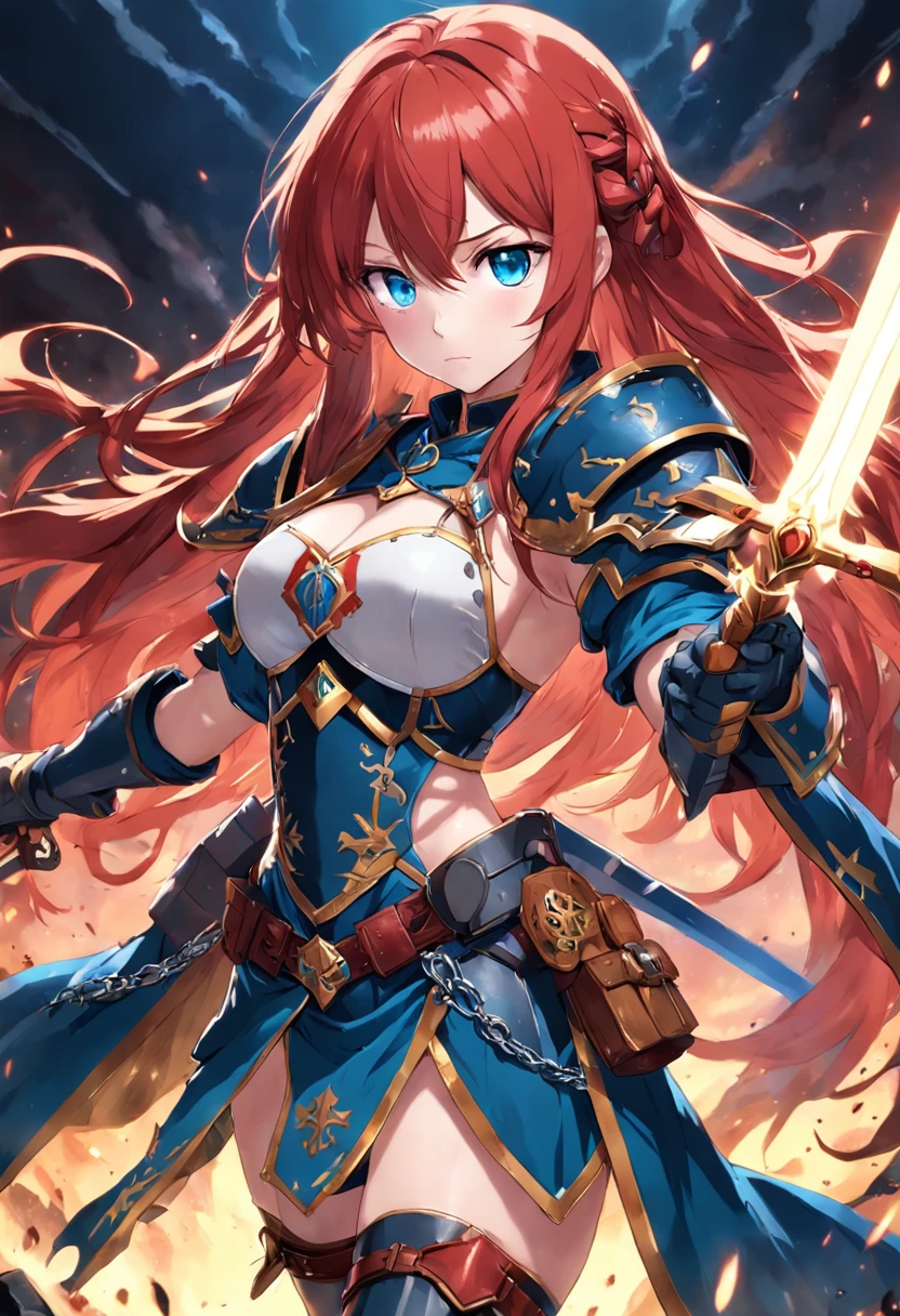1female, rosary, light armor, war banner, red hair, blue eyes