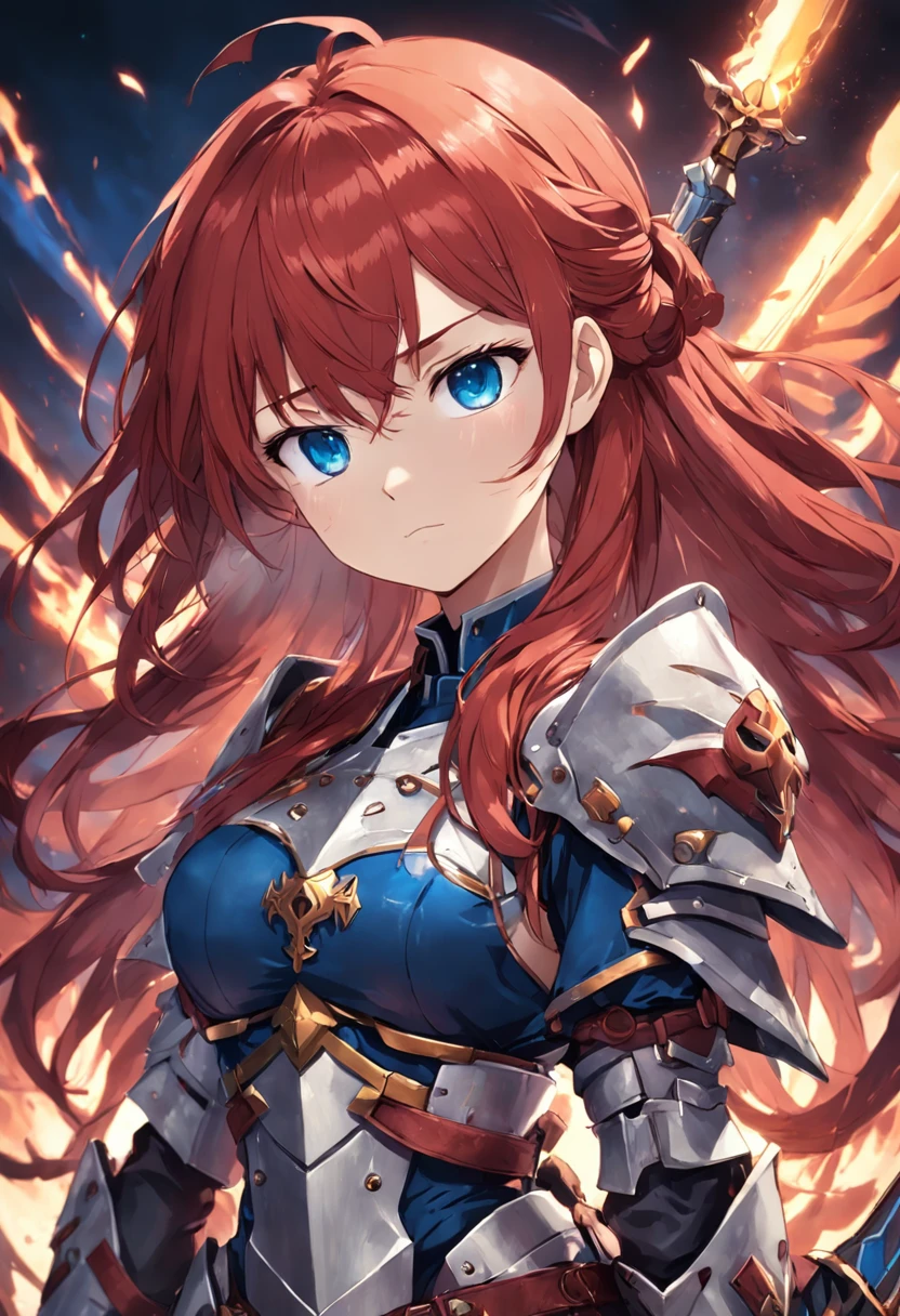 (highest quality:1.2, Very detailed, up to date, Vibrant, Ultra-high resolution, High Contrast, masterpiece:1.2, highest quality, Best aesthetics), (((1 girl))), Woman wielding a large sword, Luxurious Armor, Flowing hair, intense expression, Intense battle scenes, Dramatic lighting, Bright colors, Powerful strokes, Redhead, Long Hair, Wavy Hair, Red eyes, jewelry, Earrings, (((Expression of fine eyes:1.2, Beautiful Skin, Detailed facial expressions))), Flowing hair, (Crazy Smile, Sparkling eyes), Heroic figures, Detailed armor and weapons, Dynamic pose, War-torn landscape background