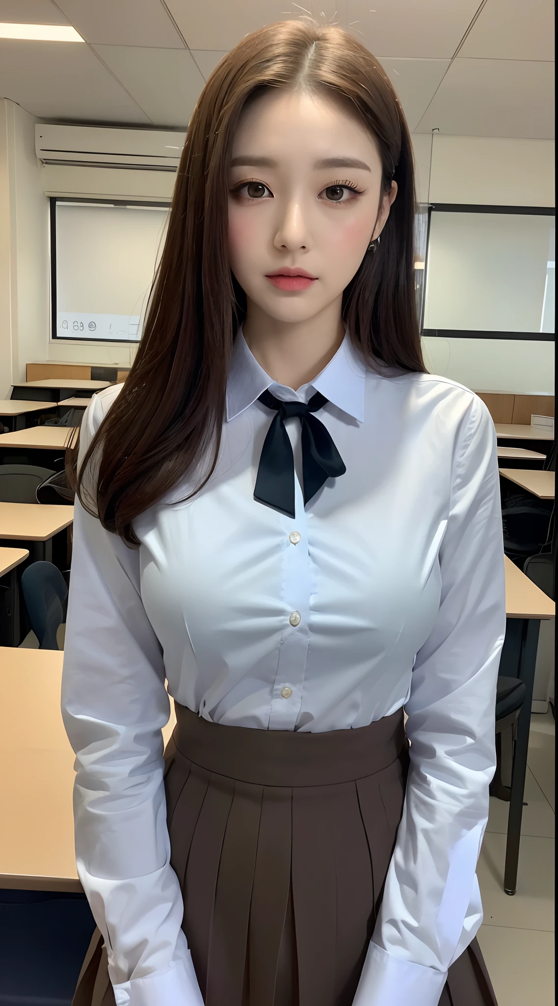 A young woman stands and gives a presentation wearing a sexy academic uniform.,Small milk,Look at me on the table, black skirt,Unbutton your shirt and show your breasts., Open a tight white shirt.,(collar shirt),、(Masterpiece、Highest quality) 、for sharp images、The sun is strong.、Definitely a striking image., very very beautiful、Masterpiece, Highest quality,picture, cute,((23 year old woman:1.2)), realistically,realistic