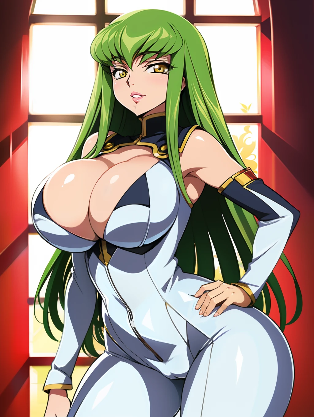 Code Geass, C.C, 1girl, (((bimbo))), puffy lips, painted lips, thick lips, wide hips, thick thighs, big breast, huge ass, revealing cleavage, erotic, Smile face, bubble butt, camel toe, Breasts, tight white suit, leaning against me, cute,