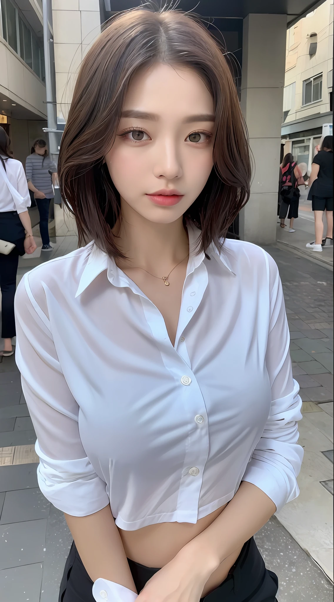 ((Best Quality, 8K, Masterpiece: 1.3)), Sharp: 1.2, Perfect Body Beauty: 1.4, Slim Abs: 1.2, ((Layered Hairstyle, Big Breasts: 1.2)), (Wet White Button Long Shirt: 1.1), (Rain, Street: 1.2), Wet: 1.5, Highly detailed face and skin texture, detailed eyes, double eyelids, side face looking at the camera