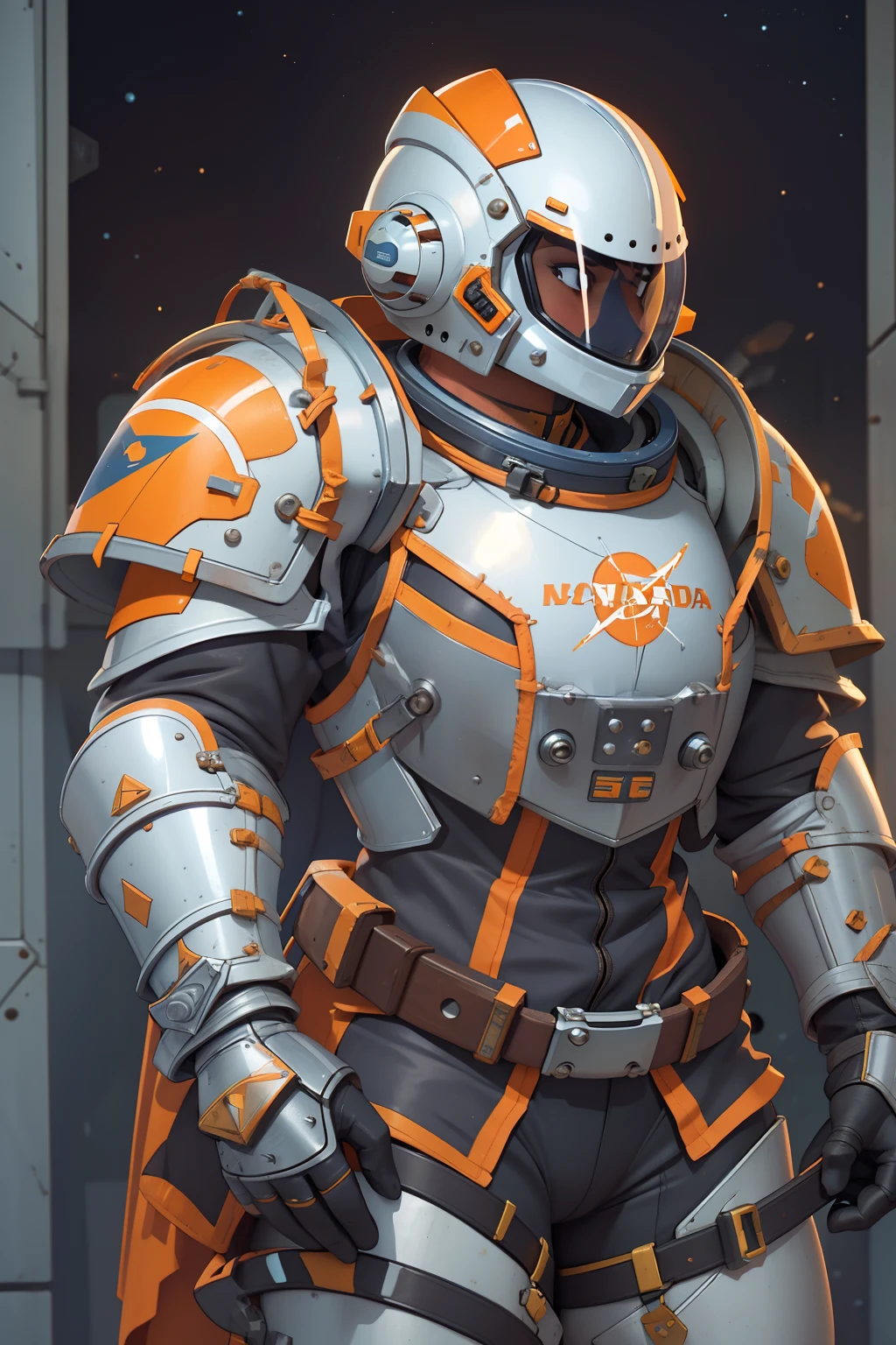 professional artwork, detailed eyes, beautiful eyes, thick thighs, breasts, beautiful face, flawless face, gorgeous face, smooth features, blush, short hair, beautifully detailed background, adventurous astronaut knight in bulky armored space suit, space suit looks like knight armor, space suit, thick heavy space suit, environment suit, hoses and tubes on suit, dials and switches, space suit backpack, nasa, nasa punk, nasapunk, astronaut, astronaut suit, cosmonaut, medieval knight, knight armor, leather armor and metal armor, mechanical background, sci fi, science fiction, futuristic, fantasy armor, full plate armor, medieval armor, knight helmet, knight visor, grilled faceplate, large helmet, big helmet, heavy collar, vacuum seal ring around neck, life support systems, rustic material, heavy stitching, thick leathers, armored breastplate, armored chest, leather gloves, rustic craftsmanship, adventurous, adventure, cute, smiling, shoulder pads, armor, white and orange outfit, heraldry, helmet on head, cassette futurism, gloved hands, bulky space suit, bulky suit, tubes and hoses, valves, mechanical, sword and shield, neon light, neon glow, neon, cuirass, pauldrons, chest armor, heavy metal chest armor, beam sword, plasma sword, light saber, knight, dome helmet