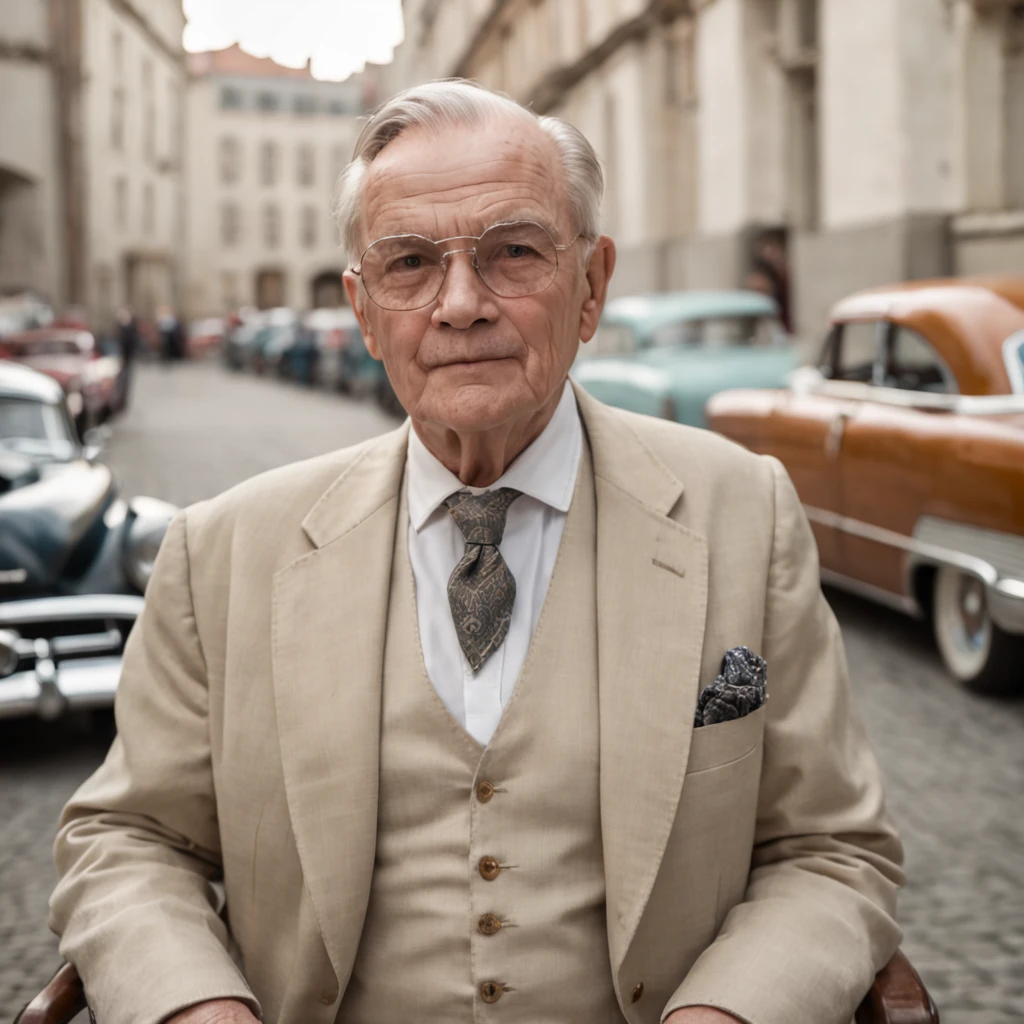 Mid-Century Reverie
Confident middle-aged old man individual, adorned in 1990s fashion, stands amidst retro furniture and architectural marvels. Classic cars from the era grace the scene, enhancing the nostalgic ambiance.