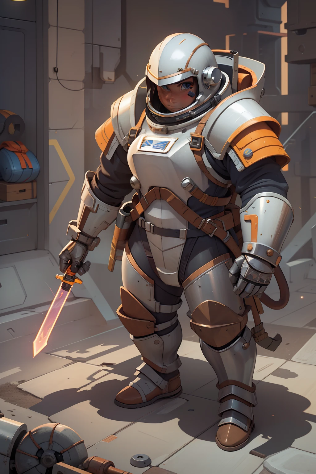 professional artwork, detailed eyes, beautiful eyes, thick thighs, breasts, beautiful face, flawless face, gorgeous face, smooth features, blush, short hair, beautifully detailed background, adventurous astronaut knight in bulky armored space suit, space suit looks like knight armor, space suit, thick heavy space suit, environment suit, hoses and tubes on suit, dials and switches, space suit backpack, nasa, nasa punk, nasapunk, astronaut, astronaut suit, cosmonaut, medieval knight, knight armor, leather armor and metal armor, mechanical background, sci fi, science fiction, futuristic, fantasy armor, full plate armor, medieval armor, knight helmet, knight visor, grilled faceplate, large helmet, big helmet, heavy collar, vacuum seal ring around neck, life support systems, rustic material, heavy stitching, thick leathers, armored breastplate, armored chest, leather gloves, rustic craftsmanship, adventurous, adventure, cute, smiling, shoulder pads, armor, white and orange outfit, heraldry, helmet on head, cassette futurism, gloved hands, bulky space suit, bulky suit, tubes and hoses, valves, mechanical, sword and shield, neon light, neon glow, neon, cuirass, pauldrons, chest armor, heavy metal chest armor, beam sword, plasma sword, light saber, knight, dome helmet