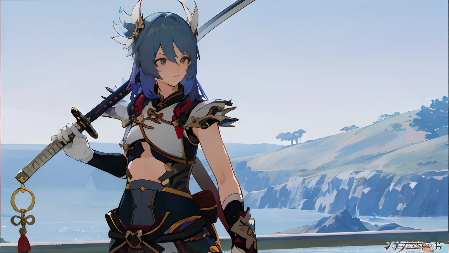 anime character with sword and armor standing in front of a mountain, ayaka game genshin impact, ayaka genshin impact, keqing from genshin impact, final fantasy 14 style, katana zero video game character, zhongli from genshin impact, genshin impact character, video game screenshot>, 8 k character details, thancred waters
