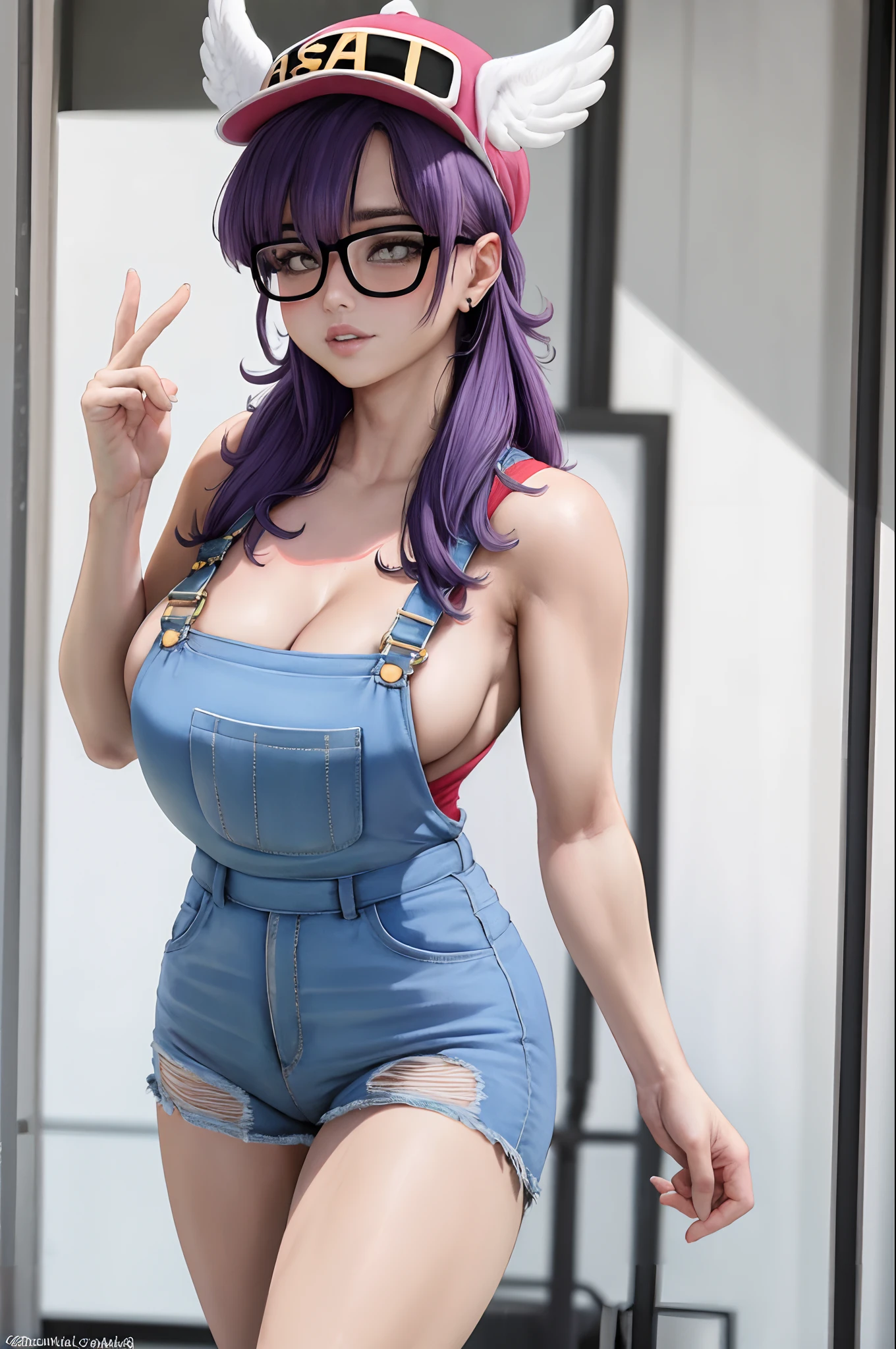 (master part, best quality;1.3), Ultra Detalhado, 1girl, sozinho, Arale, middle boobs, cintura fina, quadris largos, coxas grossas, bunda grande, Curvas Thincc, Pose sexy , glasses, olhos azuis, Cabelos Longos,cabelo roxo, mangas curtas, wing hat, tampa da asa, camisa vermelha, blue overalls, sorrir,