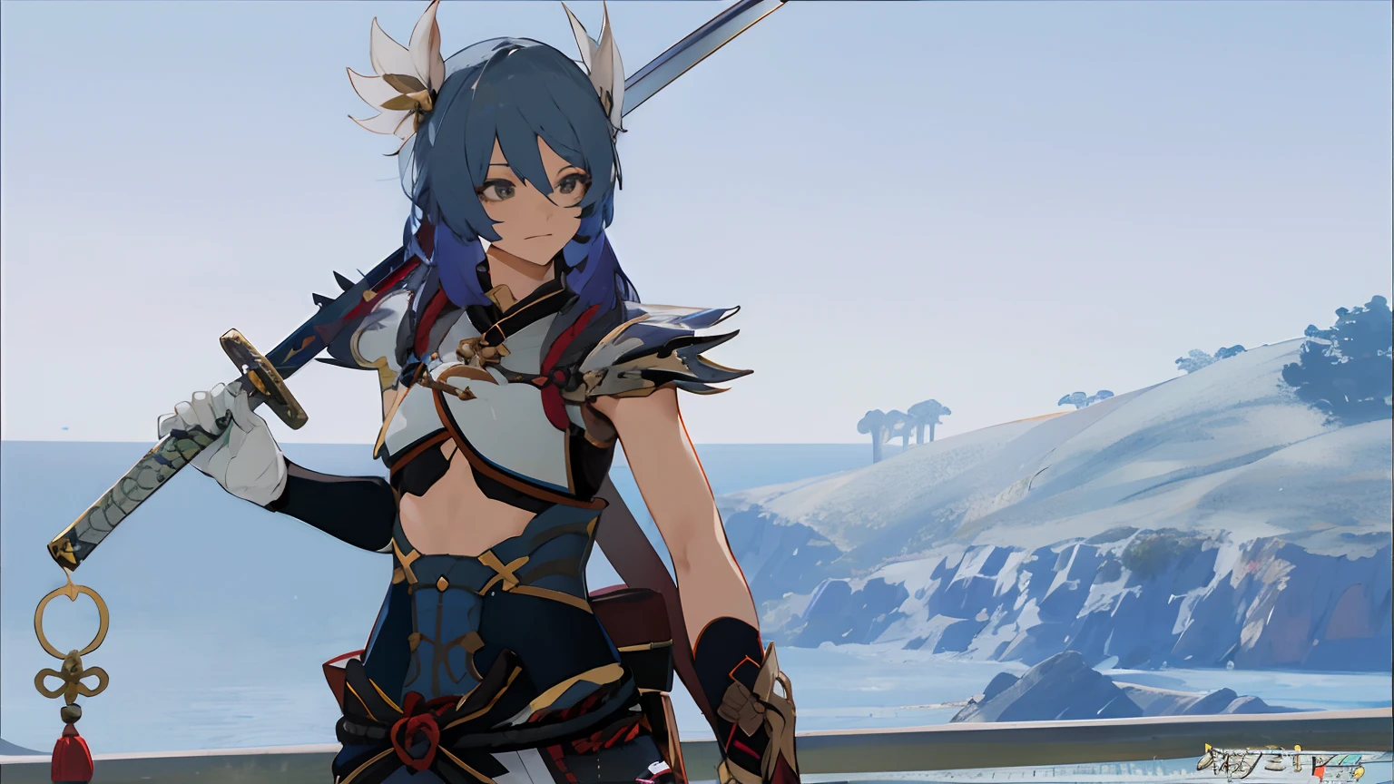 anime character with sword and armor standing in front of a mountain, ayaka game genshin impact, ayaka genshin impact, keqing from genshin impact, final fantasy 14 style, katana zero video game character, zhongli from genshin impact, genshin impact character, video game screenshot>, 8 k character details, thancred waters