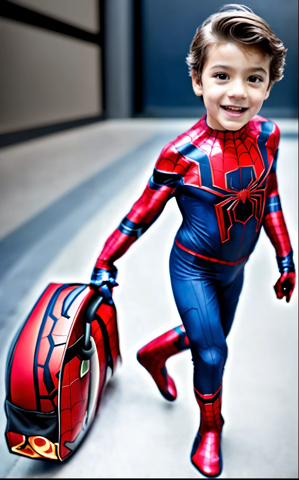 A closeup of a in a spider costume - man with a suitcase, peter parker, Spiderman, Aranha altamente detalhada - Man, Homem-Aranha, aranha - homem, Tom Holanda, Miles Morales!!!, Retrato do Homem-Aranha, corpo inteiro com traje, Terno completo, Personagem da Marvel, Estilo futurista, cabelo loiro, fundo realista, fundo cidade noite