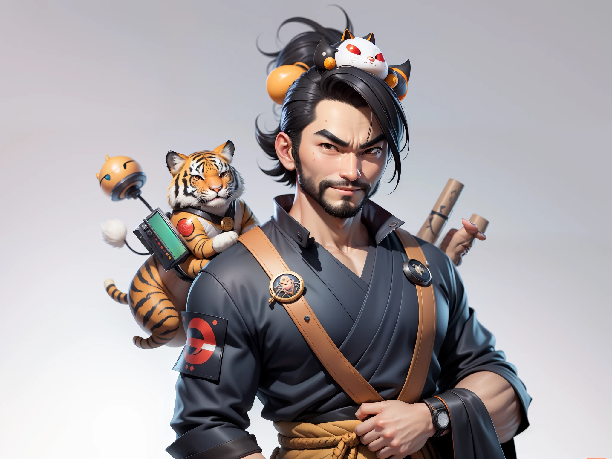 (Daisaku),(Need),(Super meticulous),(full bodyesbian:1.2),Super young man with Japanese geisha，Beautiful，orient，one tiger，Aeolian Thor，Raised sexy，爆乳，Oriental face，TV Anchor，Bust portrait illustration，In black suit，a blue tie，The face is slightly chubby，The face was clean，without a beard，Black super short hair，Black eyes，Smile confidently，3C computer sub-products，iPad， iphone，Digital painting，3D character design by Mark Clairen and Pixar and Hayao Miyazaki and Akira Toriyama，The illustration is a high-definition illustration in 4K resolution，With very detailed facial features and cartoon-style visuals。
