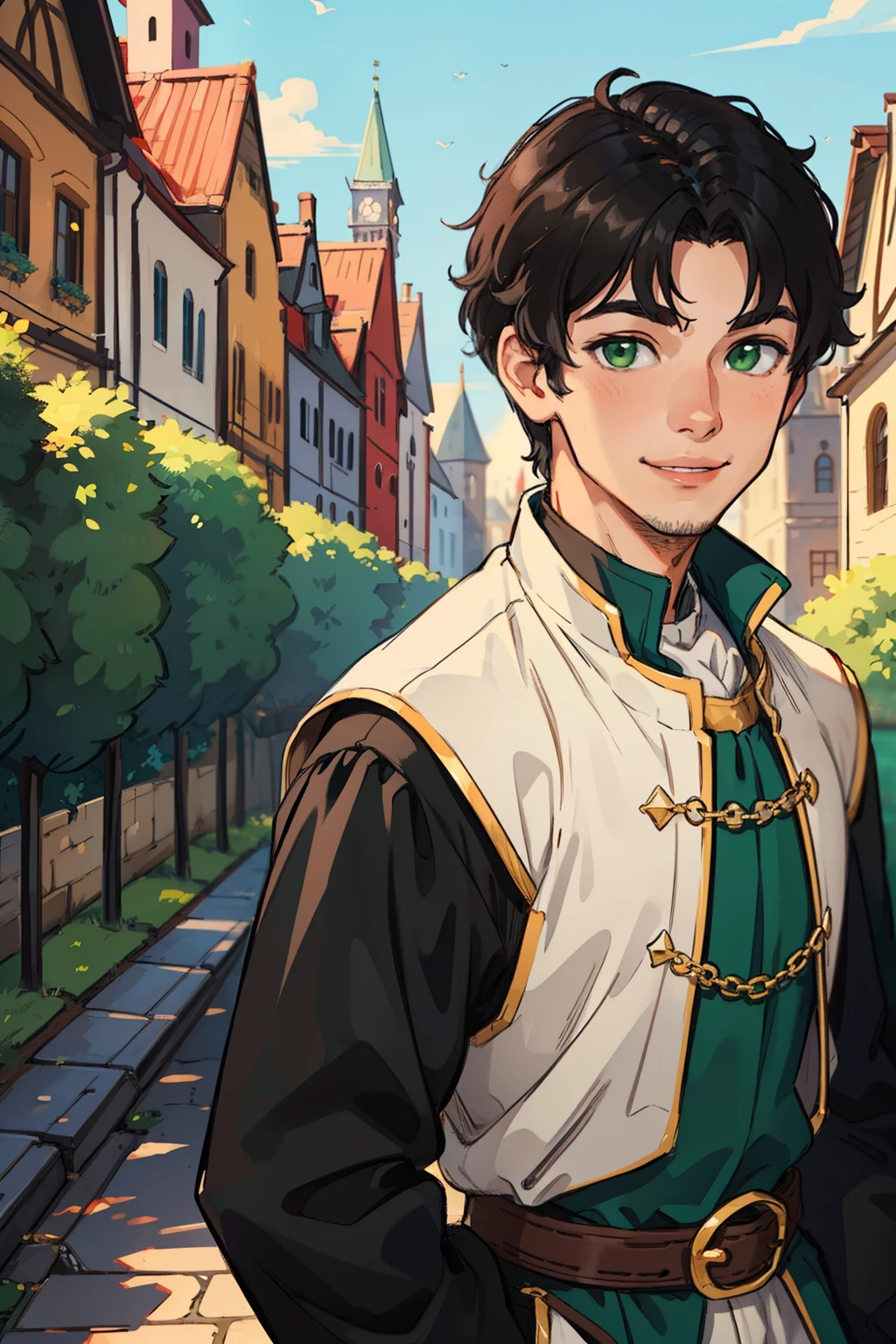 (1male, short black hair, green eyes, gentle smile, rosy cheeks), ((commoner clothes)), (fantasy, medieval), ((detailed face, full body))