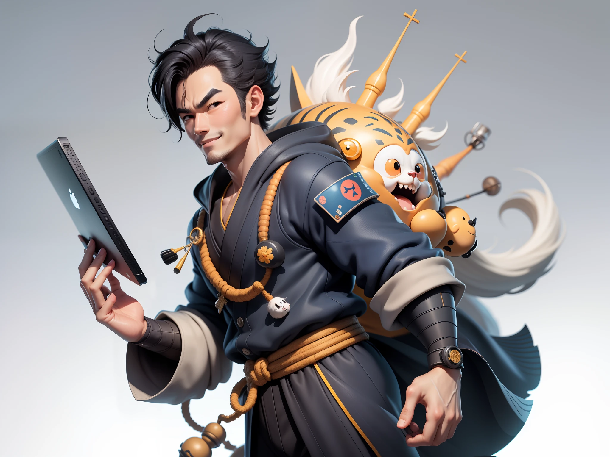 (Daisaku),(Need),(Super meticulous),(full bodyesbian:1.2),Super young man with Japanese geisha,Beautiful,orient,one tiger,Aeolian Thor,Raised sexy,爆乳,Oriental face,TV Anchor,Bust portrait illustration,In black suit,a blue tie,The face is slightly chubby,The face was clean,without a beard,Black super short hair,Black eyes,Smile confidently,3C computer sub-products,iPad, iphone,Digital painting,3D character design by Mark Clairen and Pixar and Hayao Miyazaki and Akira Toriyama,The illustration is a high-definition illustration in 4K resolution,With very detailed facial features and cartoon-style visuals。