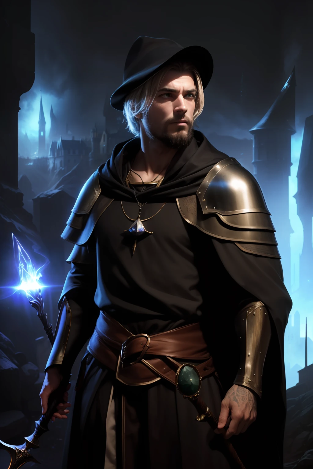 Dark background, (closeup photo of a guy:1.2), 30 years, IGPPV01:1.2, chest, Full face, undercut hairstyle, a wizard, (wearing a brim coned hat:1.2), an dark gray wizard’s robe, holding a staff with a glowing crystal at the end, in clothes of Gandalf, high detail skin texture, Green eyes, looking a viewer, (in the fantasy medieval city:1.4), magic, epic movie, Photorealistic, Masterpiece, HDR, RAW photo, higly detailed, darkness, low key, volumetric lightning, 8K resolution, Cinematic Lightning, rim light, studio light, deep shadows