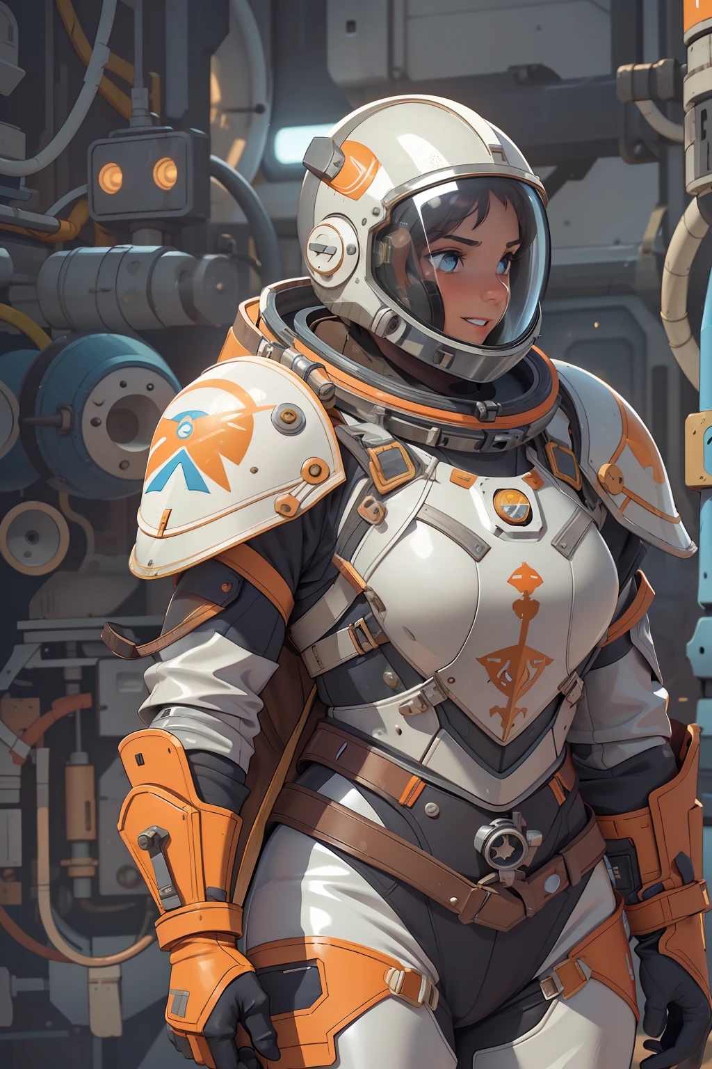 professional artwork, detailed eyes, beautiful eyes, thick thighs, breasts, beautiful face, flawless face, gorgeous face, smooth features, blush, short hair, beautifully detailed background, adventurous astronaut knight in bulky armored space suit, space suit looks like knight armor, space suit, thick heavy space suit, environment suit, hoses and tubes on suit, dials and switches, space suit backpack, nasa, nasa punk, nasapunk, astronaut, astronaut suit, cosmonaut, medieval knight, knight armor, leather armor and metal armor, mechanical background, sci fi, science fiction, futuristic, fantasy armor, full plate armor, medieval armor, knight helmet, knight visor, grilled faceplate, large helmet, big helmet, heavy collar, vacuum seal ring around neck, life support systems, rustic material, heavy stitching, thick leathers, armored breastplate, armored chest, leather gloves, rustic craftsmanship, adventurous, adventure, cute, smiling, shoulder pads, armor, white and orange outfit, heraldry, helmet on head, cassette futurism, gloved hands, bulky space suit, bulky suit, tubes and hoses, valves, mechanical, sword and shield, neon light, neon glow, neon, cuirass, pauldrons, chest armor, heavy metal chest armor, beam sword, plasma sword, light saber, knight, dome helmet