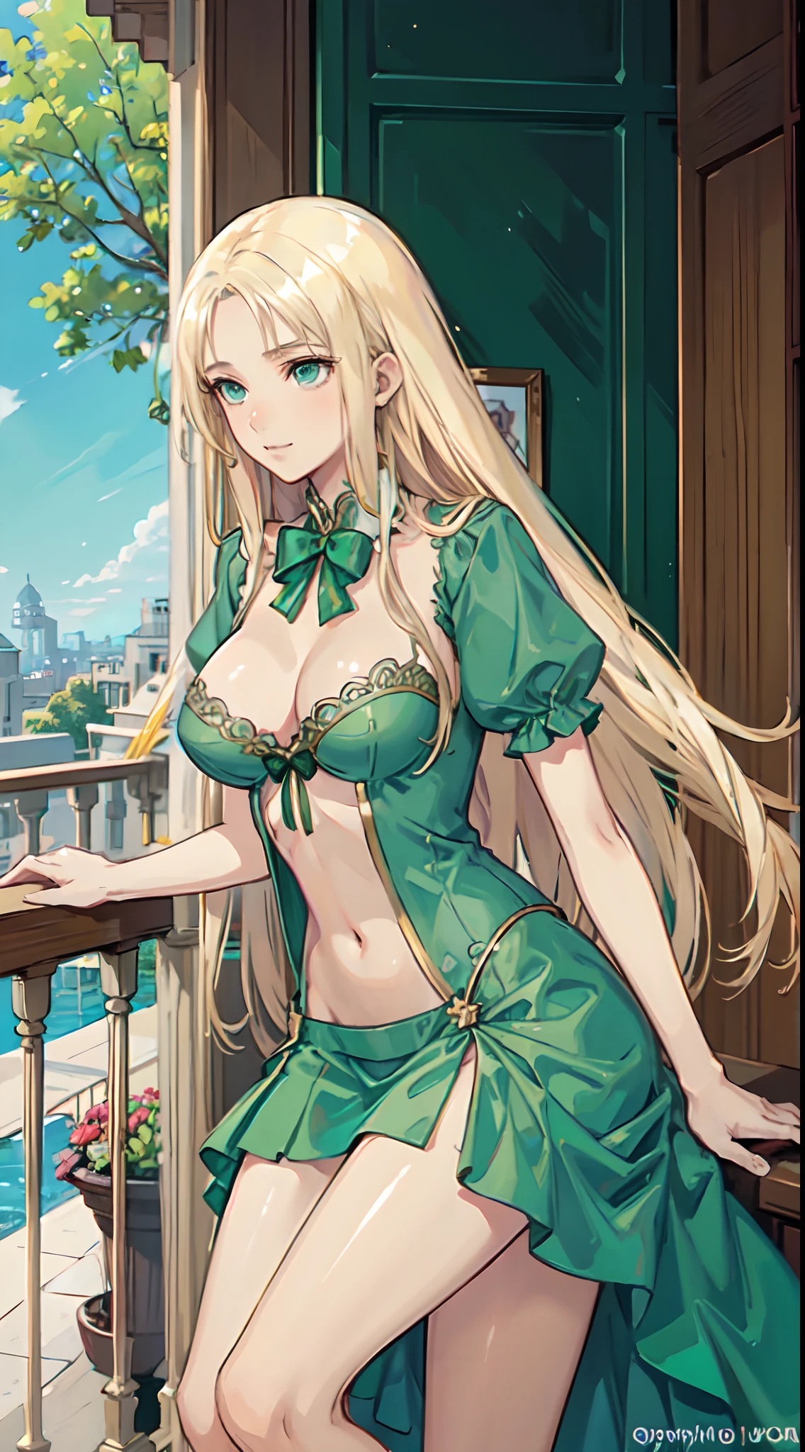 blonde hair, long hair, green eyes, green gown, short skirt, slim legs, navel, balcony, happy, cleavage, bend over, rolling eyes