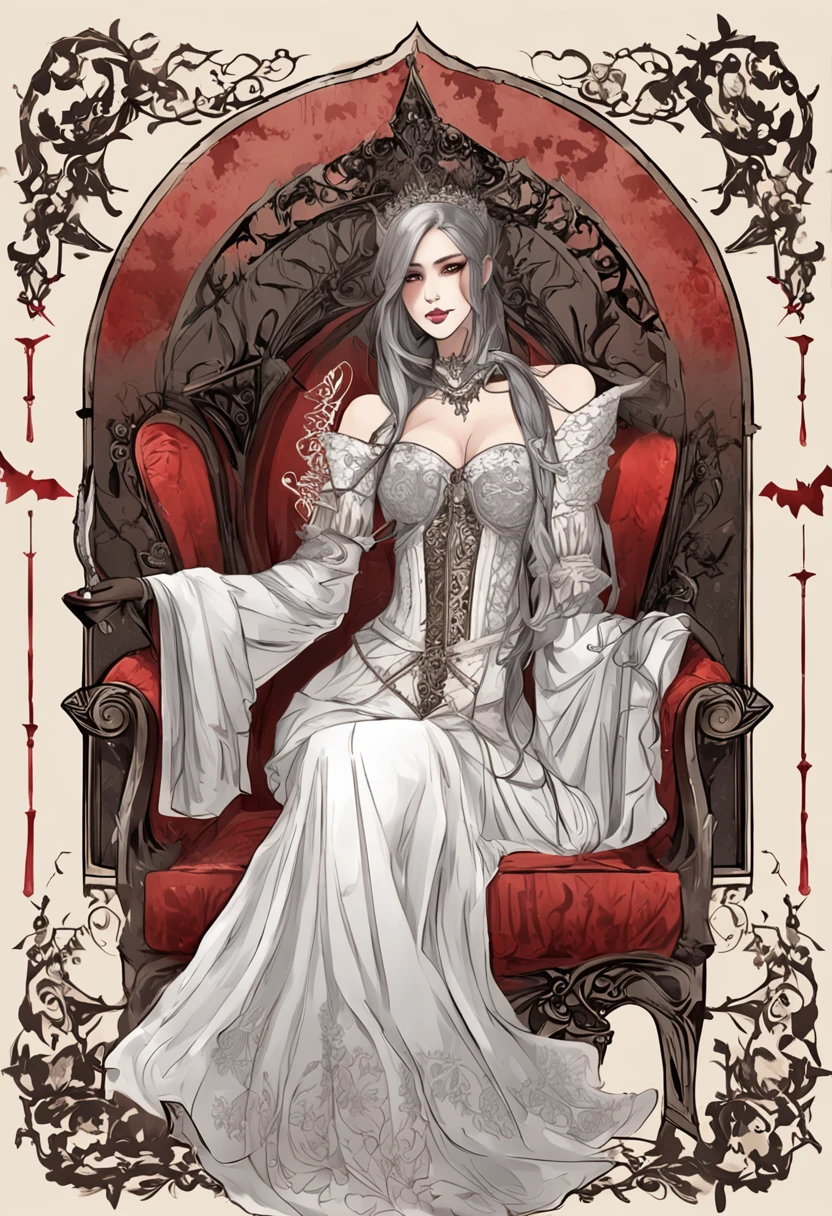 masutepiece, ccurate, Anatomically correct, Textured skin, Super Detail, high details, High quality, awardwinning, Best Quality, hight resolution, 8K,Female vampire royal queen sitting on a chair、Black aristocratic gothic dress、Royal Black Dress,Queen's Crown,((In her right hand is the Grim Reaper's scythe)),Red moon peeking through the clouds、(The vampire glares at the enemy from the chair),((Do not take off your clothes、Do not expose your breasts)),wide Shots、Angry look,((small tits:1.8)),Demagogic smile、sharp and long double teeth、Color makeup,Lowered eyebrows、Whitening effect,((A look tinged with joy)),((Ephemeral woman)),slim figure,extremely detailed eye and face、beatiful detailed eyes,Beautiful skins,The brilliance of details、The brilliance of details,smooth hair,detailed hairs,Very fine hairs ,Thin leg,skinny thigh,extremely beautiful legs,Thin leg,Moonlight,(Cold color lighting),Night,(Glowing red eyes:1.6)、Bat Wings,light, milky skin,Gothic horror,