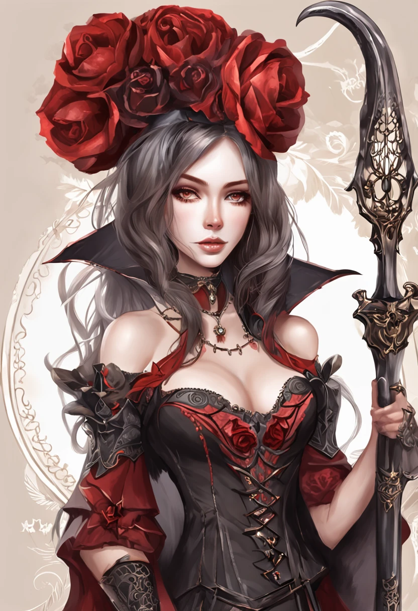 masutepiece, ccurate, Anatomically correct, Textured skin, Super Detail, high details, High quality, awardwinning, Best Quality, hight resolution, 8K,Female vampire royal queen sitting on a chair、Black aristocratic gothic dress、Royal Black Dress,Queen's Crown,((In her right hand is the Grim Reaper's scythe)),Red moon peeking through the clouds、(The vampire glares at the enemy from the chair),((Do not take off your clothes、Do not expose your breasts)),wide Shots、Angry look,((small tits:1.8)),Demagogic smile、sharp and long double teeth、Color makeup,Lowered eyebrows、Whitening effect,((A look tinged with joy)),((Ephemeral woman)),slim figure,extremely detailed eye and face、beatiful detailed eyes,Beautiful skins,The brilliance of details、The brilliance of details,smooth hair,detailed hairs,Very fine hairs ,Thin leg,skinny thigh,extremely beautiful legs,Thin leg,Moonlight,(Cold color lighting),Night,(Glowing red eyes:1.6)、Bat Wings,light, milky skin,Gothic horror,