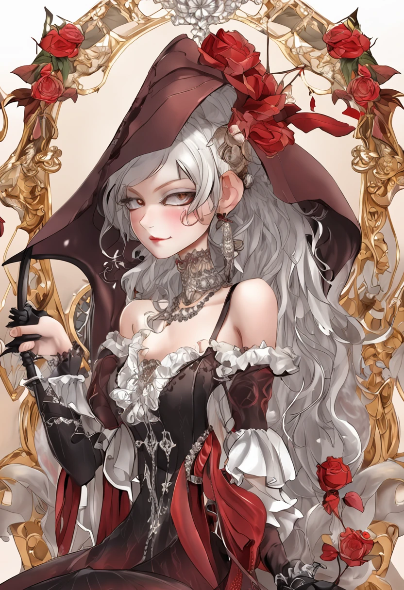 masutepiece, ccurate, Anatomically correct, Textured skin, Super Detail, high details, High quality, awardwinning, Best Quality, hight resolution, 8K,Female vampire royal queen sitting on a chair、Black aristocratic gothic dress、Royal Black Dress,Queen's Crown,((In her right hand is the Grim Reaper's scythe)),Red moon peeking through the clouds、(The vampire glares at the enemy from the chair),((Do not take off your clothes、Do not expose your breasts)),wide Shots、Angry look,((small tits:1.8)),Demagogic smile、sharp and long double teeth、Color makeup,Lowered eyebrows、Whitening effect,((A look tinged with joy)),((Ephemeral woman)),slim figure,extremely detailed eye and face、beatiful detailed eyes,Beautiful skins,The brilliance of details、The brilliance of details,smooth hair,detailed hairs,Very fine hairs ,Thin leg,skinny thigh,extremely beautiful legs,Thin leg,Moonlight,(Cold color lighting),Night,(Glowing red eyes:1.6)、Bat Wings,light, milky skin,Gothic horror,