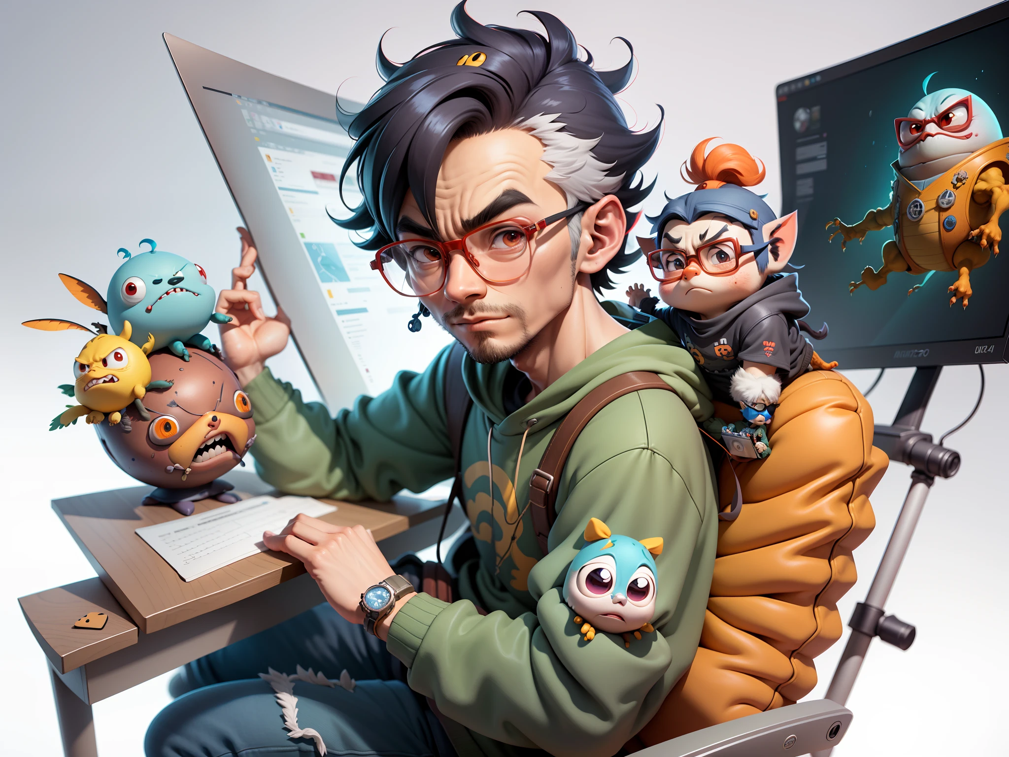 A young man with glasses sits at his desk,holding laptop,digitial painting,3D character design by Mark Clairen and Pixar and Hayao Miyazaki and Akira Toriyama,4K HD illustration,Very detailed facial features and cartoon-style visuals。