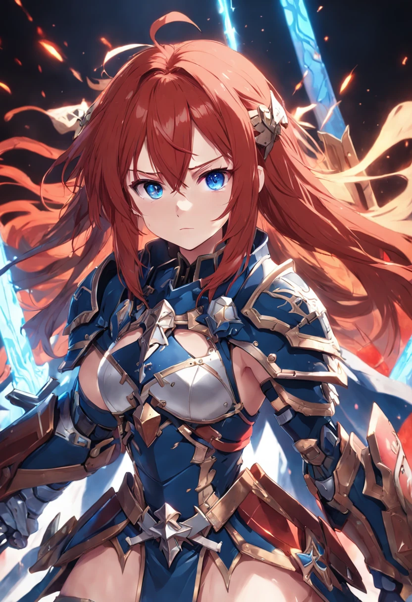 1female, cross, light armor, war banner, red hair, blue eyes