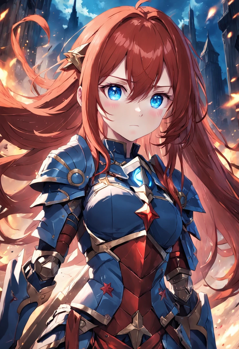 1female, cross, light armor, war banner, red hair, blue eyes