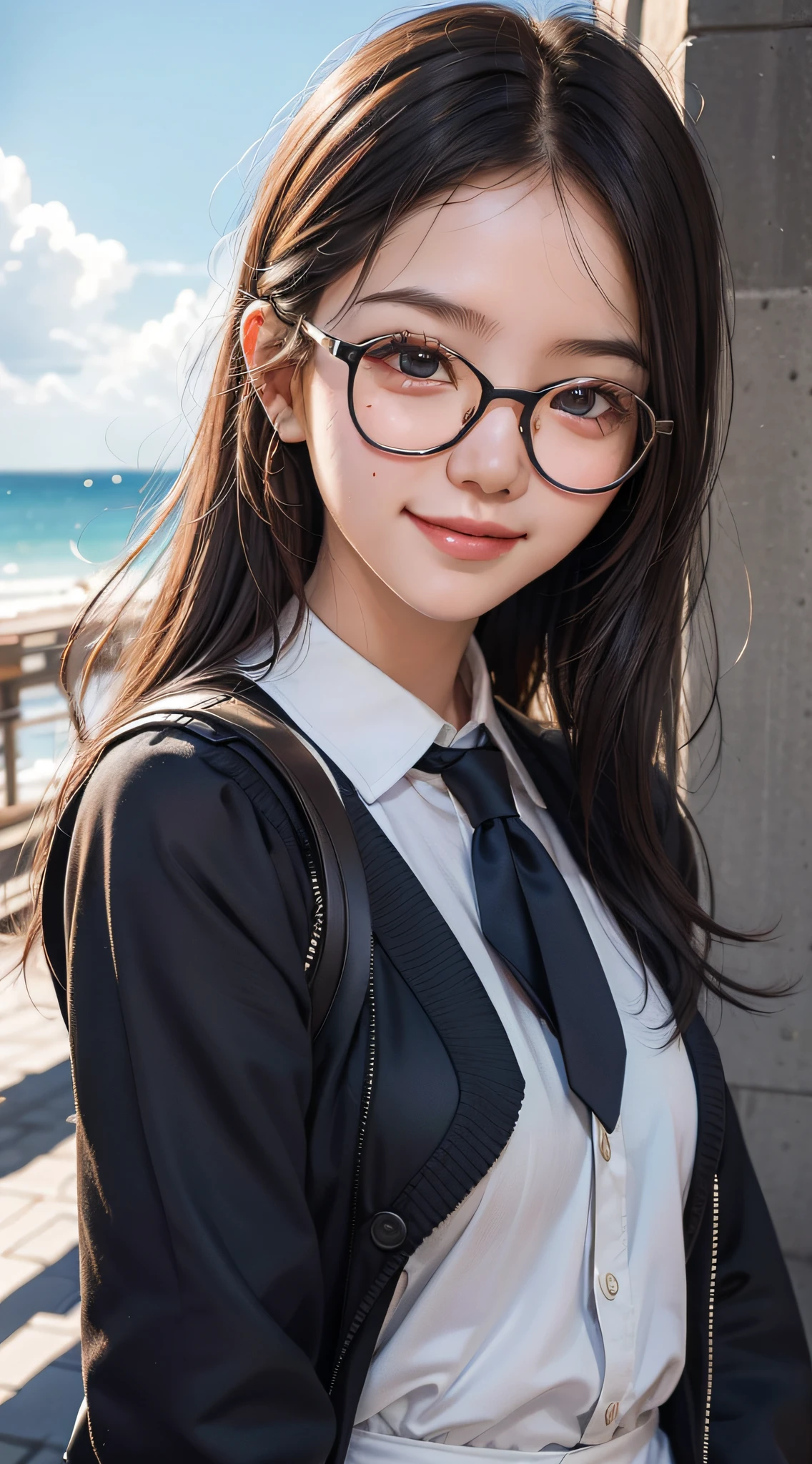 Surrealist international students，schoolgirls，With a smile（Close-up highlights of faces：1.2），Healthy sunshine，long whitr hair，Facial highlights，Wear glasses，middlebreast，clean backdrop，in a panoramic view，Full body like，A high resolution,