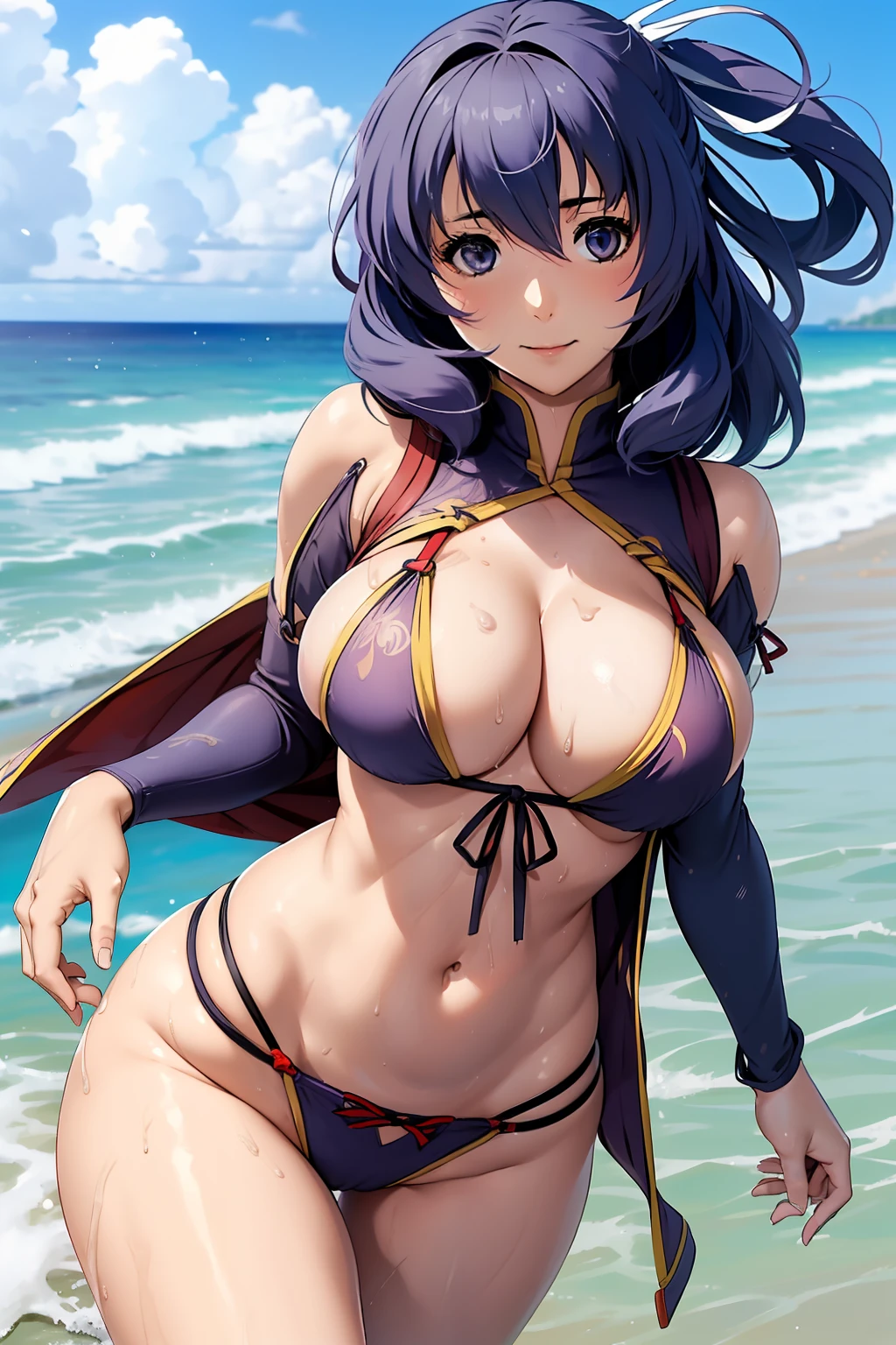 Rixia Mao from Trails from reveri, undressing, in a beach, very sexy, very wet clothes, looking to viewer, (super bursting breasts))), ((super slim body)), (big breasts), ((full boobs)), (big ass), (((buttocks exposed))), (hair detailed description), white lace on hair, happy, windy day, hair on windy, movement