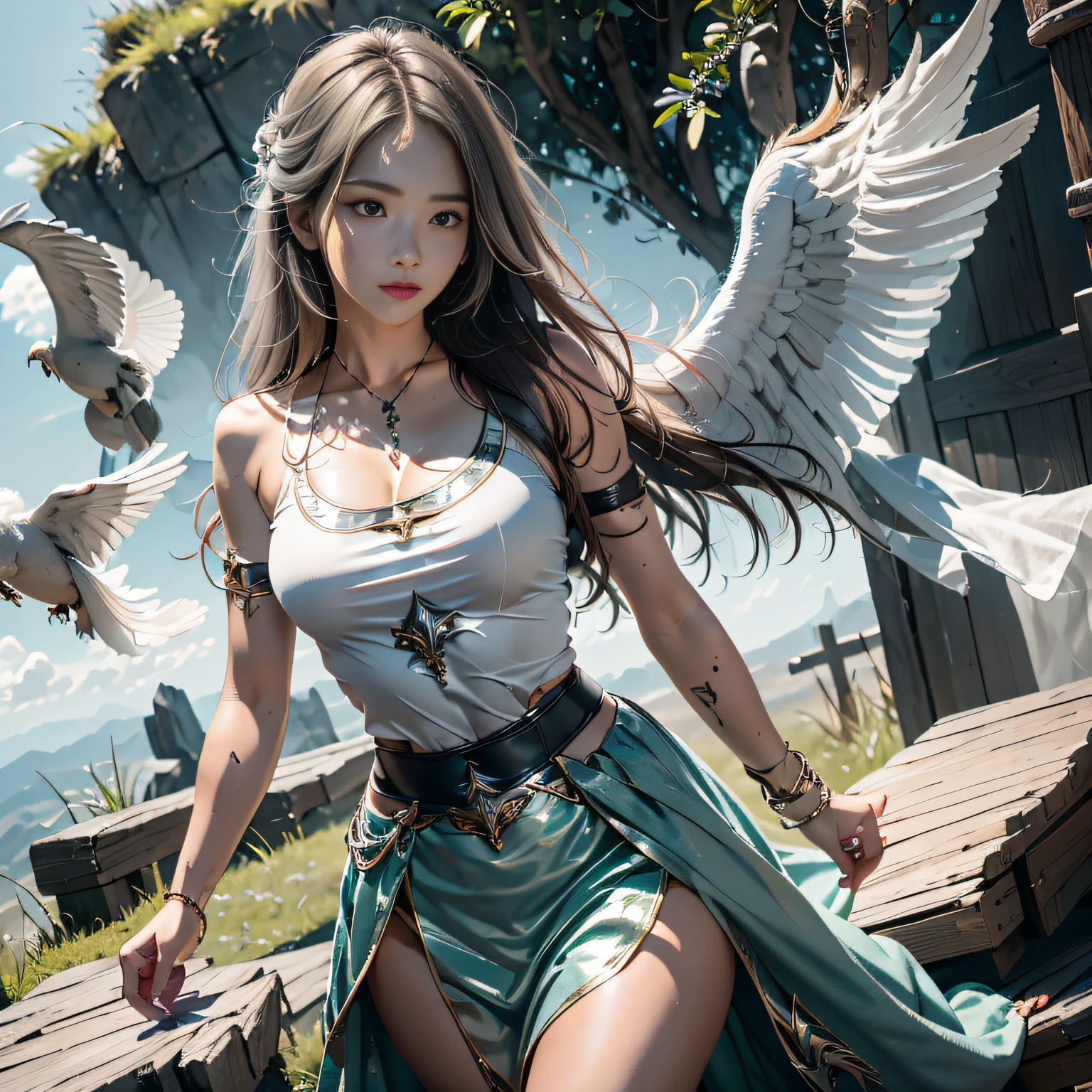 hyper HD, Anatomically correct, retinas, Super detail, Award-Awarded, Best quality, High details, Textured skin, Masterpiece, ccurate, High quality, A high resolution, 8K,1girl in, 独奏, offcial art, Unity 8k wallpaper, ultra - detailed, prettify、Aesthetic, tmasterpiece, top-quality, Photorealsitic, A female angel、It has 6 glowing white epic wings on its back:2.0、Wings of a bird of prey、Blazing Angel、Silver armor:2.0、Glow-in-the-dark imprint,Glow-in-the-dark imprint,Silver gauntlet、Silver Solette、White fabric、Hair ornaments with small wings、Valkyrie、Very large wide sword、Glowing angel circle、angelic halo:2.0、Light magic、depth of fields, Fantastic atmosphere, calm color palette, Soft Shading、You can see the forest in the distance、See remote mountain castles、ellegance、Full body like、busty figure、Large full breasts、wide waist、Floating in the air:2.0、Flying in the sky:2.0、Fry high in the air、Sky on the steppe、You can see the castle on the hill in the distance