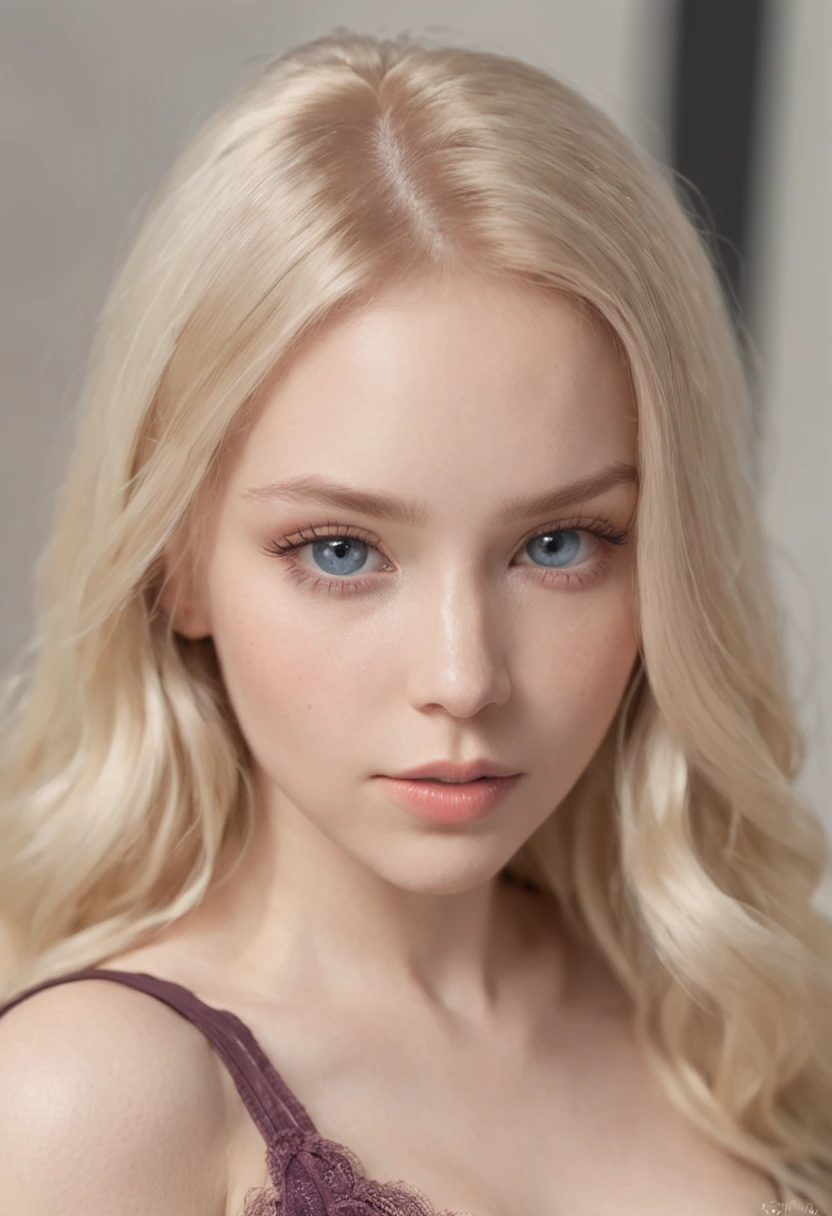 of a real，Perfect facial features，Realistic skin texture，Cute baby girl，closeup cleavage，head portrait，Pout，Blue eyes，Long blonde hair，depth of fields，dynamic blur，high light，Real light，Ray traching，oc rendered，Hyper-realistic，best qualtiy，8K，Works of masters，super-fine，Detailed pubic hair，Correct ???????，sharp focus on eyes，Bokeh，Facial features are carefully depicted