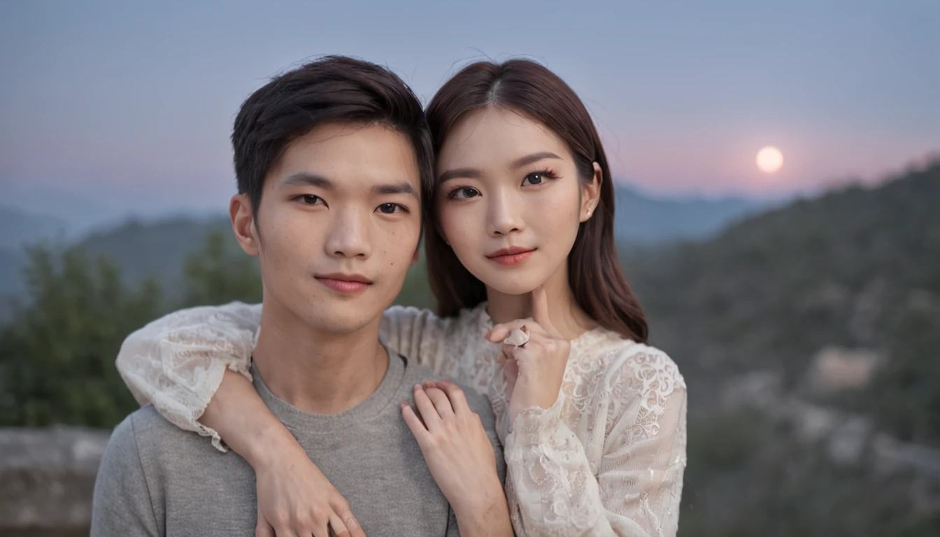 they are posing for a picture in the mountains at night, korean artist, portrait of two people, couple portrait, couples portrait, promotional portrait, lovely couple, taken with canon 5d mk4, ruan jia and fenghua zhong, shot with canon eoa 6 d mark ii, with stars, 60mm portrait, 7 0 mm portrait, moonlight, psychedelic, Auroracore, Ghostcore, upper body shot, Substance 3D, Faded, tiles, khaki colors, Haussmann Paris, incandescent lighting, Hyperrealistic textures, intricate details, architectural visualization, Corona render, 8k