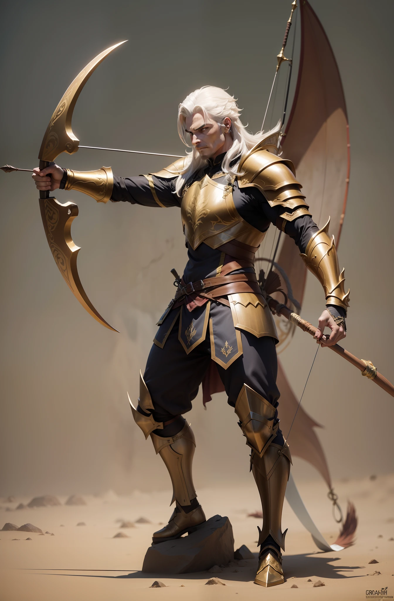 dragolich male character archer fantasy armor fantasy action background pose fantasy face serious action fast small armor bow and arrow one hand holds bow other arrow holds high golden long bow character with height of 1,90m com olhos pretos e marcas cabelo vermelho sem nada nas costas