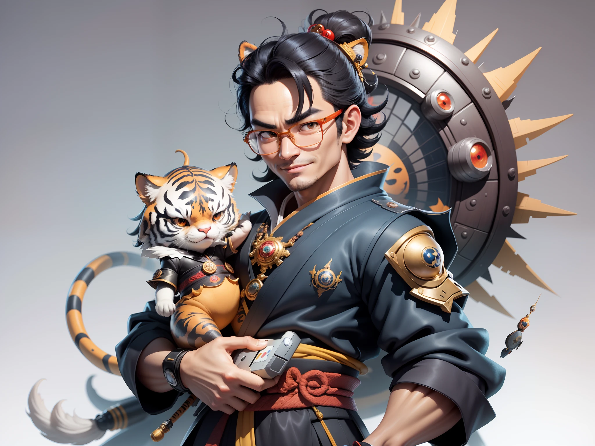 (Masterpiece), (Excellent), (Super Meticulous), (Full Body: 1.2), Super Young Man with Japanese Female Geisha, Pretty, Beautiful, Chinese Dragon, Tiger, Wind God Thor, Sexy, Bursting, Oriental Face, TV Anchor, Bust Portrait Illustration, Black Suit, Blue Tie, Slightly Chubby Face, Silver Glasses, Very Clean Face, No Beard on Chin, Black Super Short Hair, Black Eyes, Confident Smile, 3c Computer Sub-Products, iPad, iPhone, Digital Painting, 3D character design by Mark Clairedon and Pixar and Hayao Miyazaki and Akira Toriyama, the illustrations are HD illustrations in 4K resolution with highly detailed facial features and cartoon-style visuals.