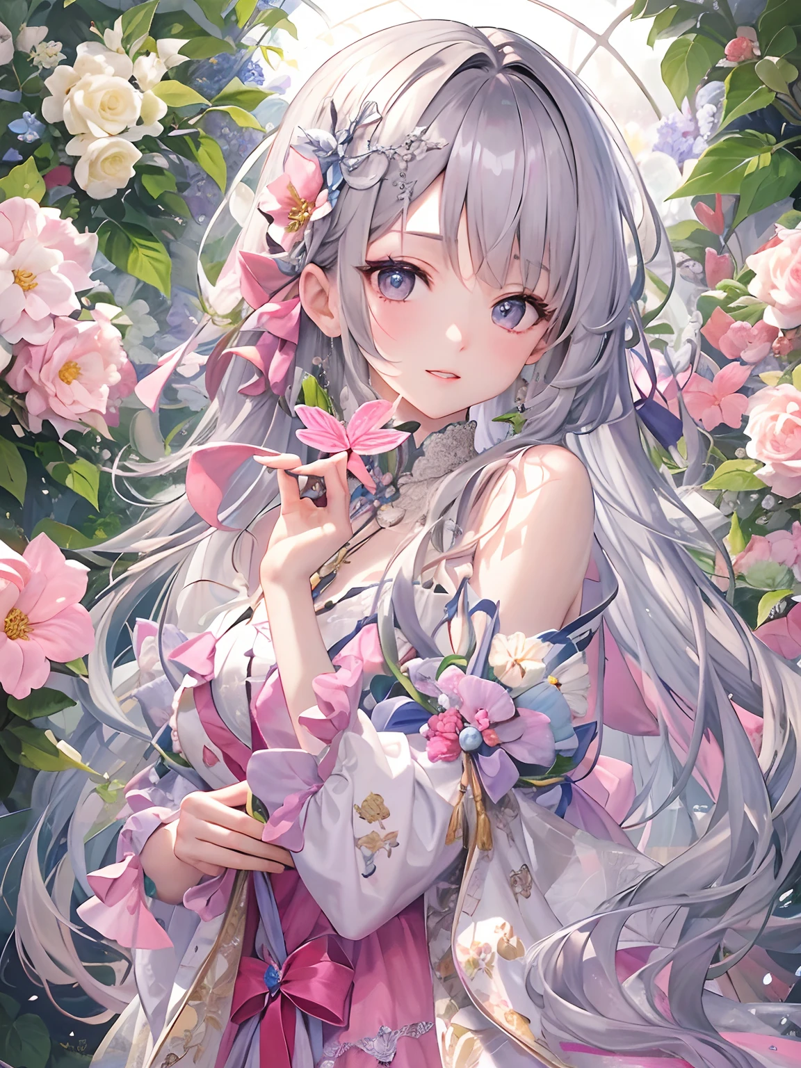 (masterpiece、top-quality、top-quality、Official art、Beautifully Aesthetic:1.2)、1womanl、独奏、adult lady、Pastries、Long、hyperdetailed colourful、Many flowers are fluttering、highest details、Gray hair、Pink mesh hair、Beautiful back、Exposed shoulders、A slender、Turn your back to the camera、Use your hands to rake your hair、Sharp eyes、The corners of the mouth are raised