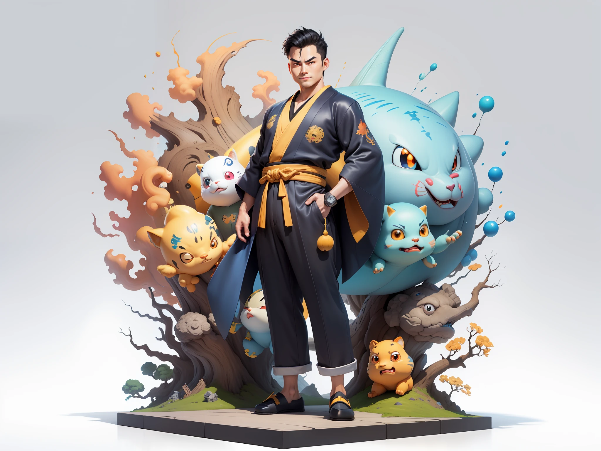(Masterpiece), (Excellent), (Super Meticulous), (Full Body: 1.2), Super Young Man, Oriental Face, Japanese Kimono, Japanese Wind Thunder God, Dragon, Tiger, TV Anchor, Bust Portrait Illustration, Alone, Black Suit, Blue Tie, Slightly Chubby Face, Very Clean Face, No Beard, Black Super Short Hair, Black Eyes, Confident Smile, 3c Computer Sub-Products, iPad, iPhone, Digital Painting, 3D Character Design by Akira Toriyama and Mark Claireden and Pixar and Hayao Miyazaki, The illustration is a high-definition illustration in 4K resolution with very detailed facial features and cartoon-style visuals.