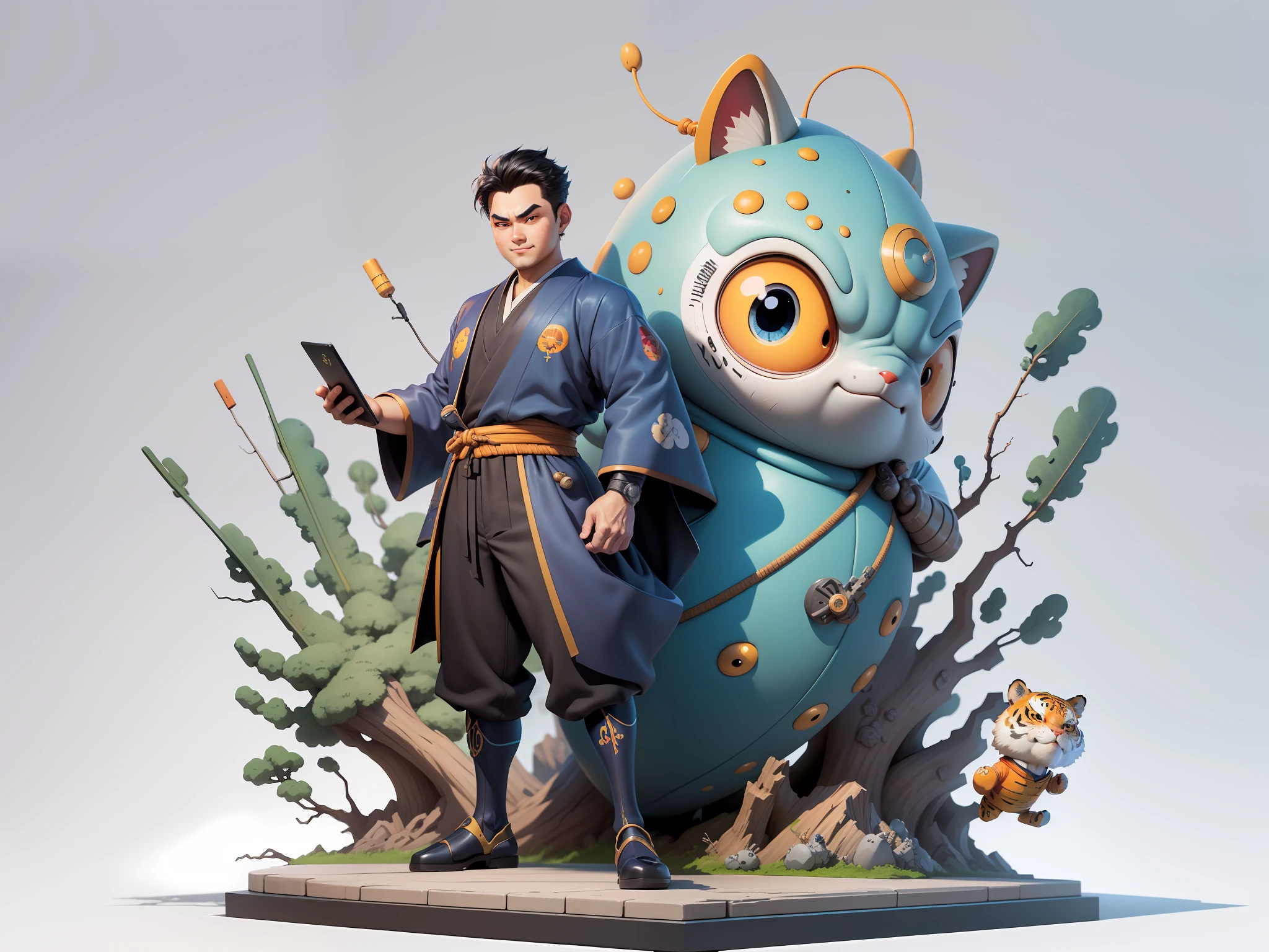(Masterpiece), (Excellent), (Super Meticulous), (Full Body: 1.2), Super Young Man, Oriental Face, Japanese Kimono, Japanese Wind Thunder God, Dragon, Tiger, TV Anchor, Bust Portrait Illustration, Alone, Black Suit, Blue Tie, Slightly Chubby Face, Very Clean Face, No Beard, Black Super Short Hair, Black Eyes, Confident Smile, 3c Computer Sub-Products, iPad, iPhone, Digital Painting, 3D Character Design by Akira Toriyama and Mark Claireden and Pixar and Hayao Miyazaki, The illustration is a high-definition illustration in 4K resolution with very detailed facial features and cartoon-style visuals.