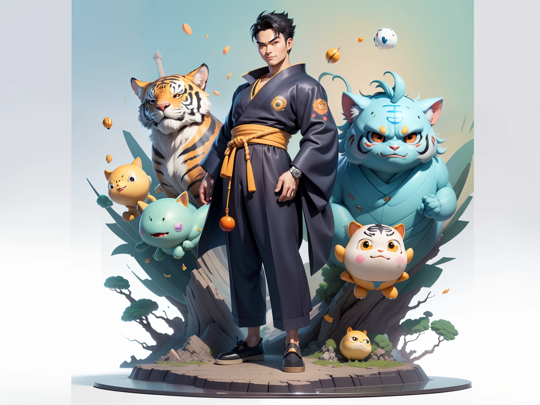 (Masterpiece), (Excellent), (Super Meticulous), (Full Body: 1.2), Super Young Man, Oriental Face, Japanese Kimono, Japanese Wind Thunder God, Dragon, Tiger, TV Anchor, Bust Portrait Illustration, Alone, Black Suit, Blue Tie, Slightly Chubby Face, Very Clean Face, No Beard, Black Super Short Hair, Black Eyes, Confident Smile, 3c Computer Sub-Products, iPad, iPhone, Digital Painting, 3D Character Design by Akira Toriyama and Mark Claireden and Pixar and Hayao Miyazaki, The illustration is a high-definition illustration in 4K resolution with very detailed facial features and cartoon-style visuals.