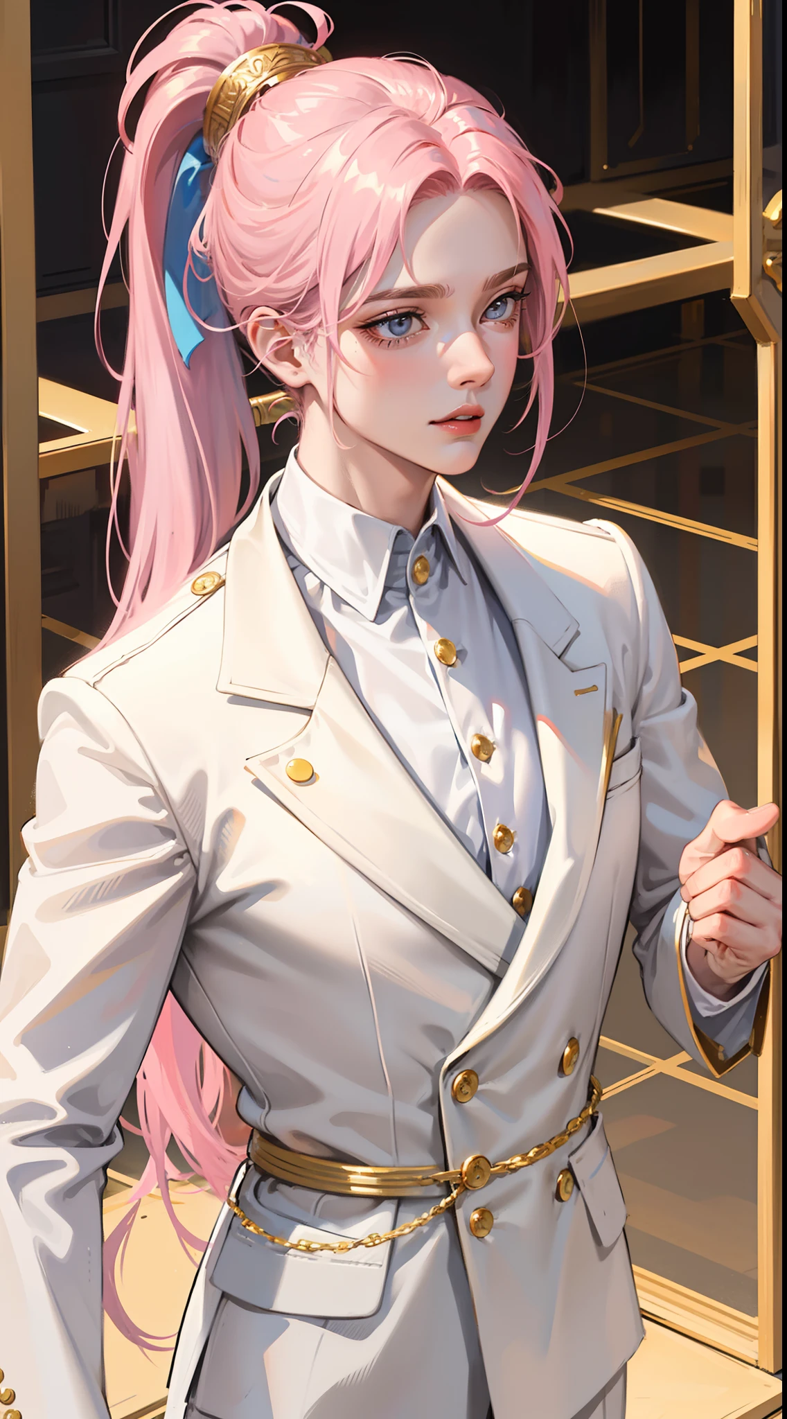 adult man, pink hair, high ponytail, golden eyes, white suit with gold elements, Masterpiece, hiquality