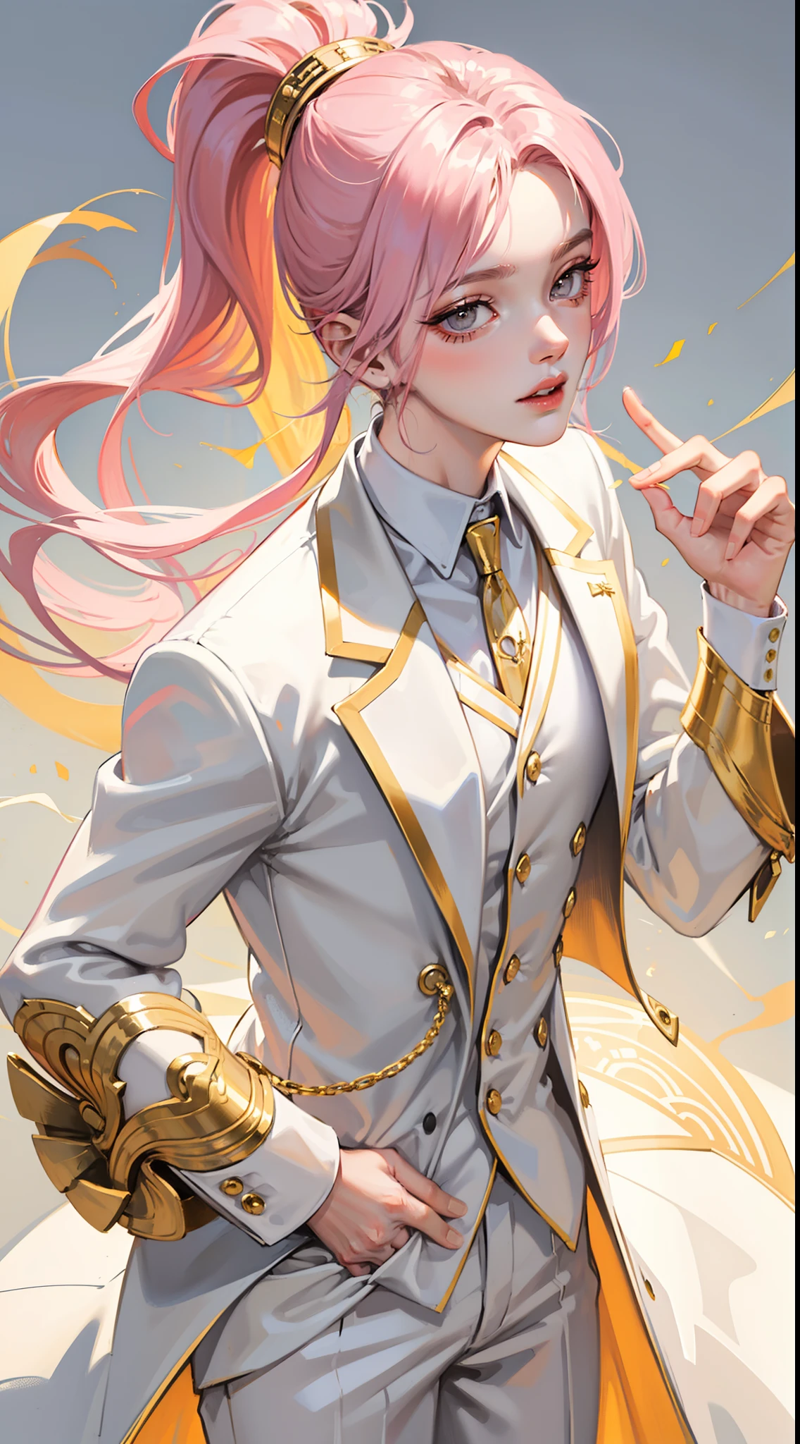 adult man, pink hair, high ponytail, golden eyes, white suit with gold elements, Masterpiece, hiquality