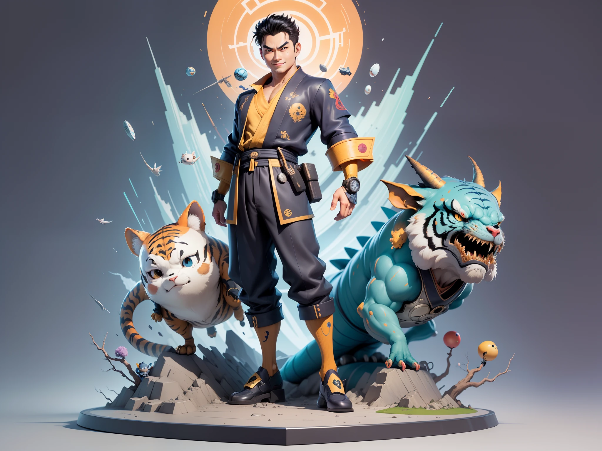(Masterpiece), (Excellent), (Super Meticulous), (Full Body: 1.2), Super Young Man, Oriental Face, Japanese Kimono, Japanese Wind Thunder God, Dragon, Tiger, TV Anchor, Bust Portrait Illustration, Alone, Black Suit, Blue Tie, Slightly Chubby Face, Very Clean Face, No Beard, Black Super Short Hair, Black Eyes, Confident Smile, 3c Computer Sub-Products, iPad, iPhone, Digital Painting, 3D Character Design by Akira Toriyama and Mark Claireden and Pixar and Hayao Miyazaki, The illustration is a high-definition illustration in 4K resolution with very detailed facial features and cartoon-style visuals.