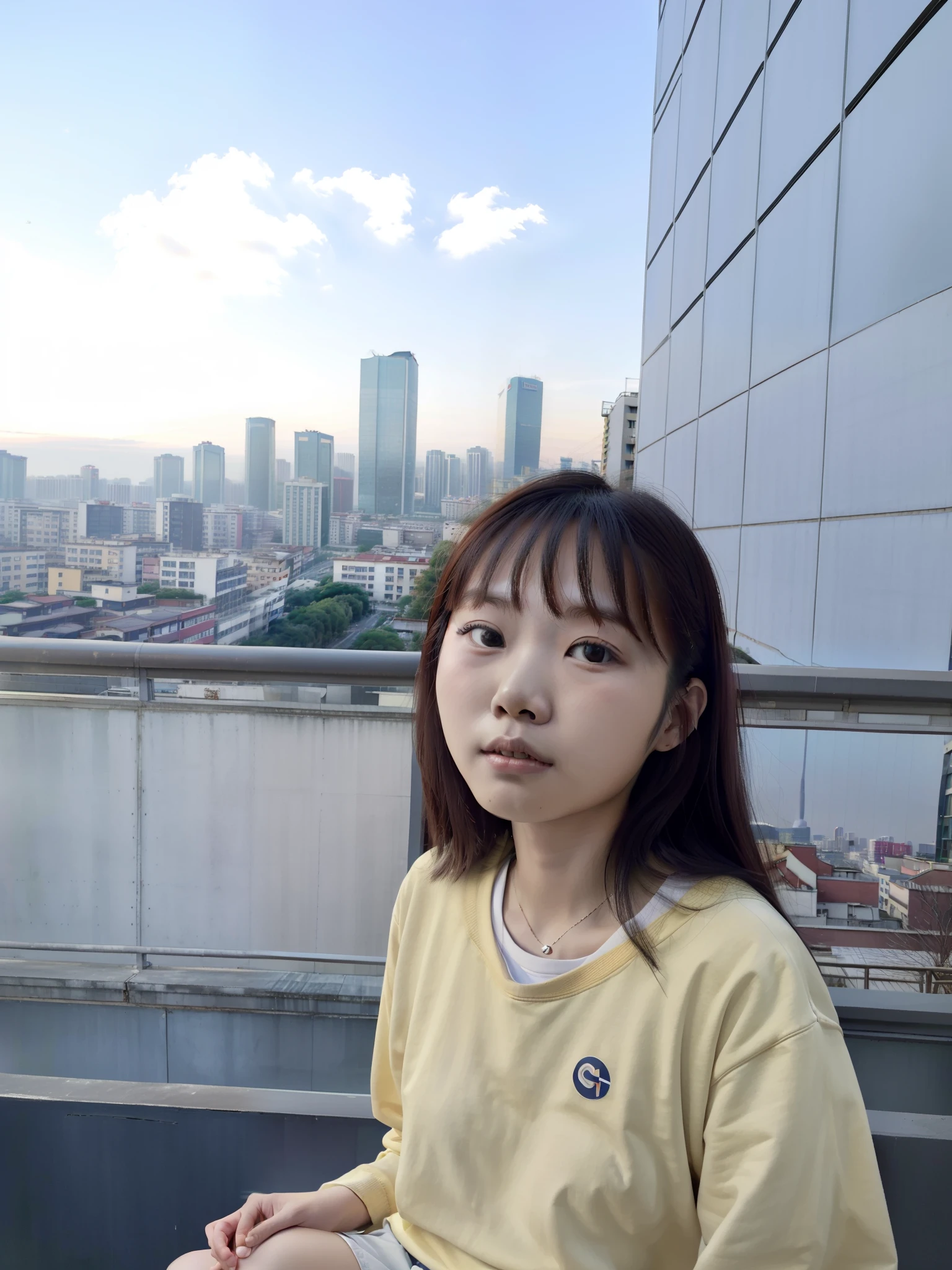 Woman sitting on balcony,and the background is an urban landscape, with the city as the background, xintong chen, wenfei ye, photo of Girl, Qiu Fang, Zhang Pengzhen, Li Zixin, xiaofan zhang, inspired by Cheng Jiasui, 8k selfie photograph, in front of a sci fi cityscape, zhelong xu
