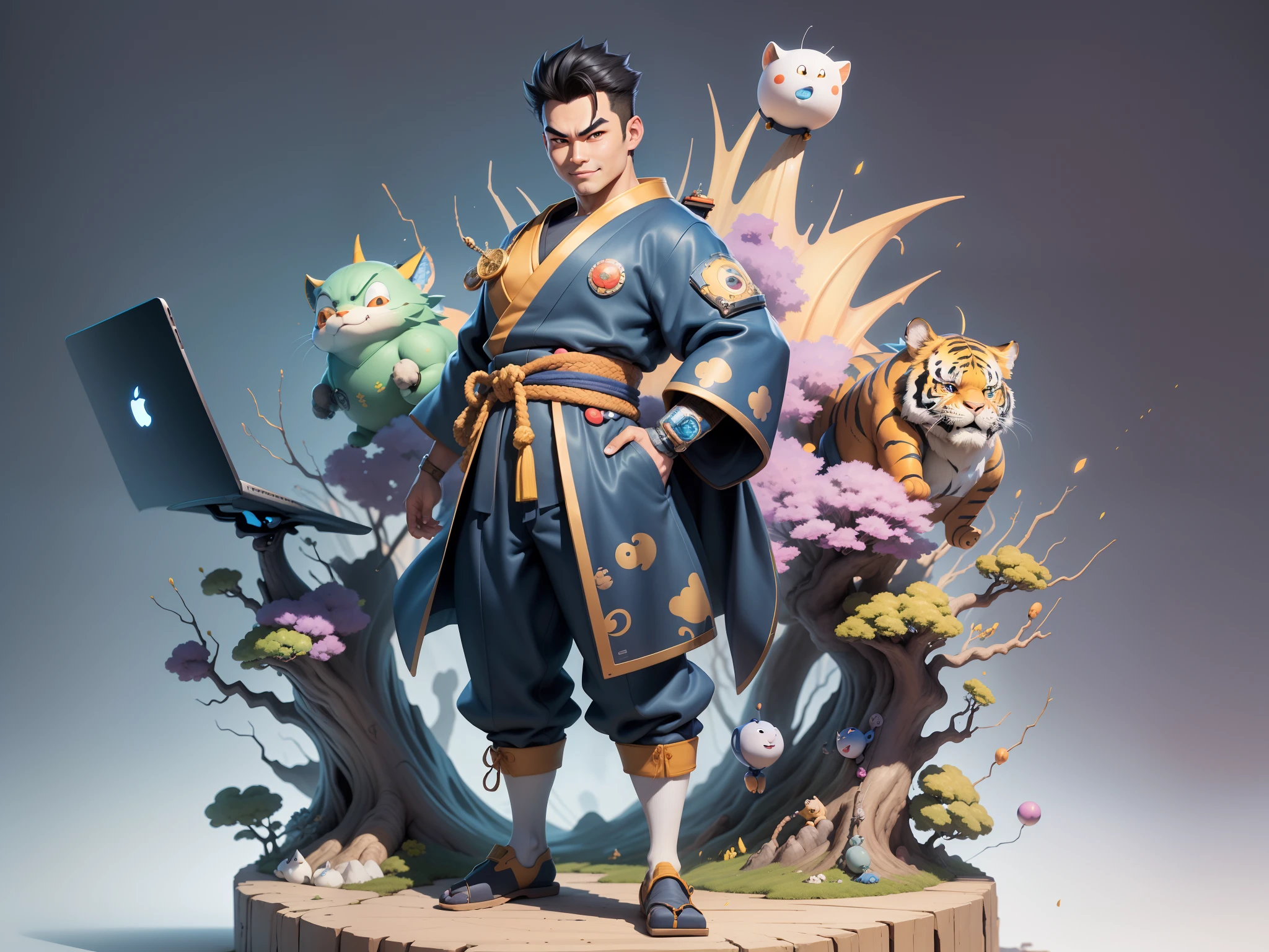 (Masterpiece), (Excellent), (Super Meticulous), (Full Body: 1.2), Super Young Man, Oriental Face, Japanese Kimono, Japanese Wind Thunder God, Dragon, Tiger, TV Anchor, Bust Portrait Illustration, Alone, Black Suit, Blue Tie, Slightly Chubby Face, Very Clean Face, No Beard, Black Super Short Hair, Black Eyes, Confident Smile, 3c Computer Sub-Products, iPad, iPhone, Digital Painting, 3D Character Design by Akira Toriyama and Mark Claireden and Pixar and Hayao Miyazaki, The illustration is a high-definition illustration in 4K resolution with very detailed facial features and cartoon-style visuals.