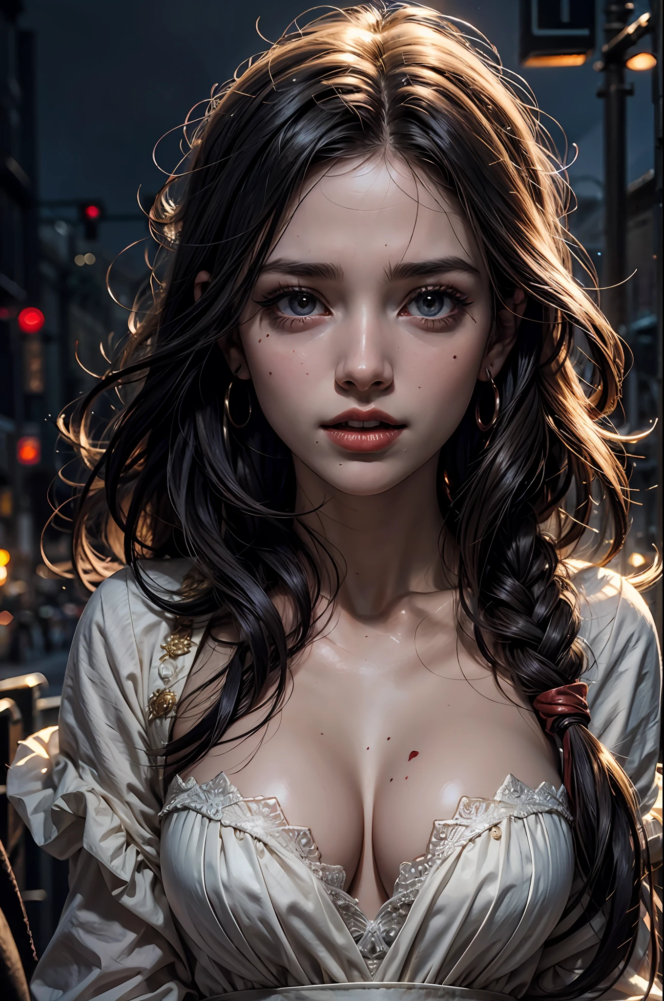 of a real,Perfect facial features,Realistic skin texture,Cute baby vampire girl,closeup cleavage,head portrait,with her mouth open,(See the throat:1.4),Blood-red eyes,(long canine teeth:1.4),There is blood on the teeth,long whitr hair,(blood stains at the corners of the mouth:1.4),Blood,depth of fields,dynamic blur,high light,Real light,Ray traching,oc rendered,Hyper-realistic,best qualtiy,8K,Works of masters,super-fine,Detailed pubic hair,Correct anatomy,sharp focus on eyes,Bokeh,Facial features are carefully depicted