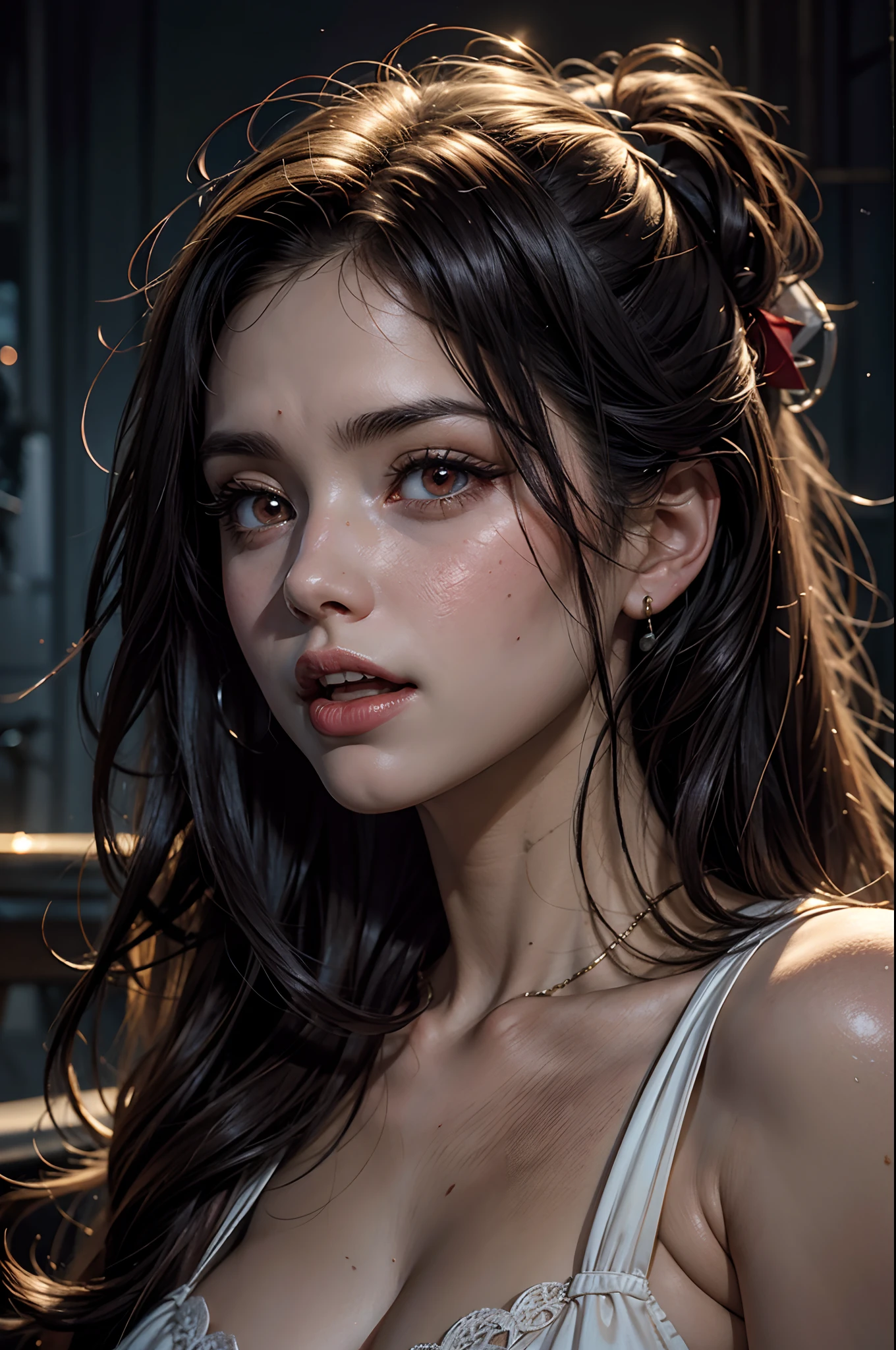 of a real，Perfect facial features，Realistic skin texture，Cute baby vampire girl，closeup cleavage，head portrait，with her mouth open，（See the throat：1.4），Blood-red eyes，（long canine teeth：1.4），There is blood on the teeth，long whitr hair，（blood stains at the corners of the mouth：1.4），Blood，depth of fields，dynamic blur，high light，Real light，Ray traching，oc rendered，Hyper-realistic，best qualtiy，8K，Works of masters，super-fine，Detailed pubic hair，Correct ???????，sharp focus on eyes，Bokeh，Facial features are carefully depicted