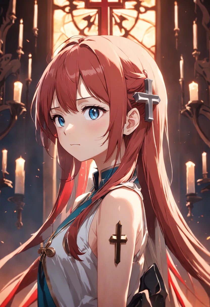 1female, christian cross hairpin, christian cross necklace, light armor, red hair, blue eyes, church interior background