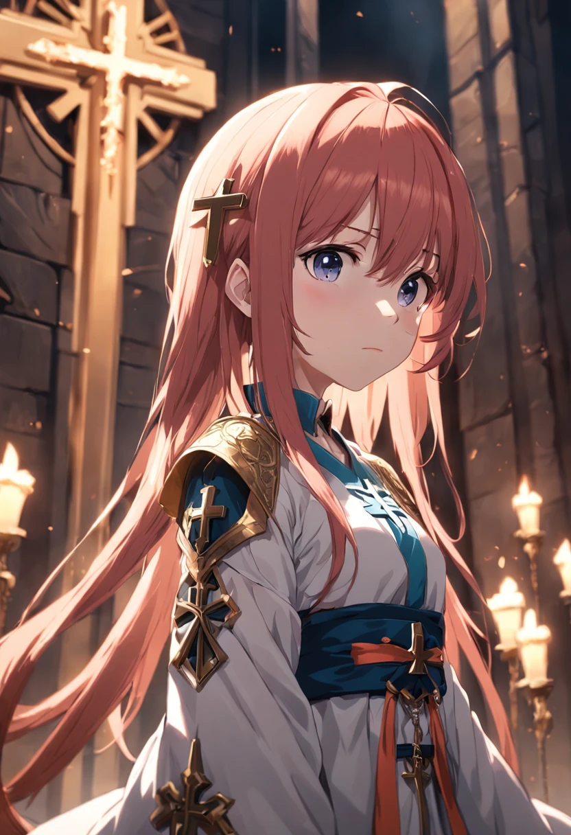 1female, christian cross hairpin, christian cross necklace, light armor, red hair, blue eyes, church interior background